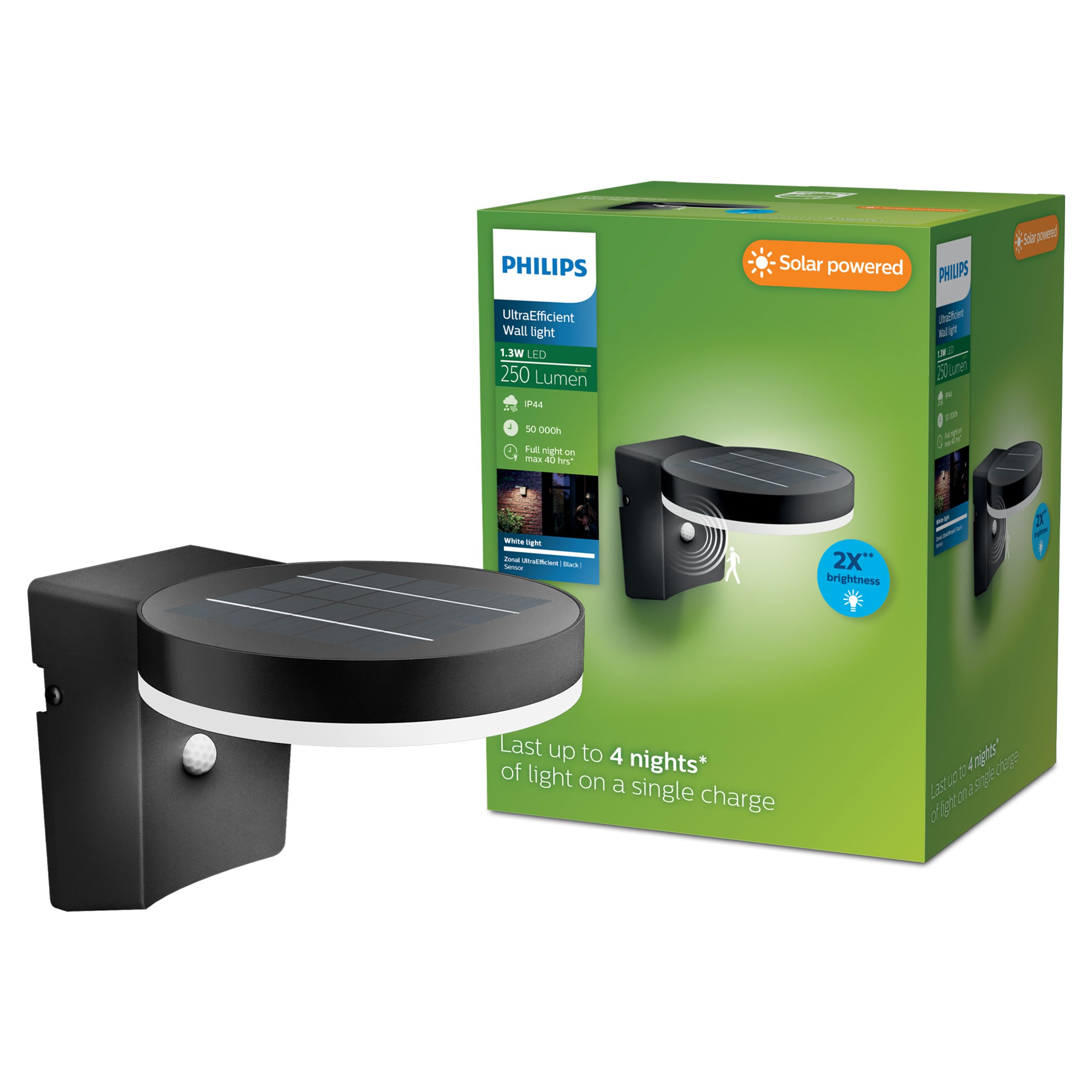 Philips Lighting Zonal UltraEfficient Outdoor Solar wall Light, Round, 1.3W, 3000K, Black, Motion Sensor, IP44 Weatherproof