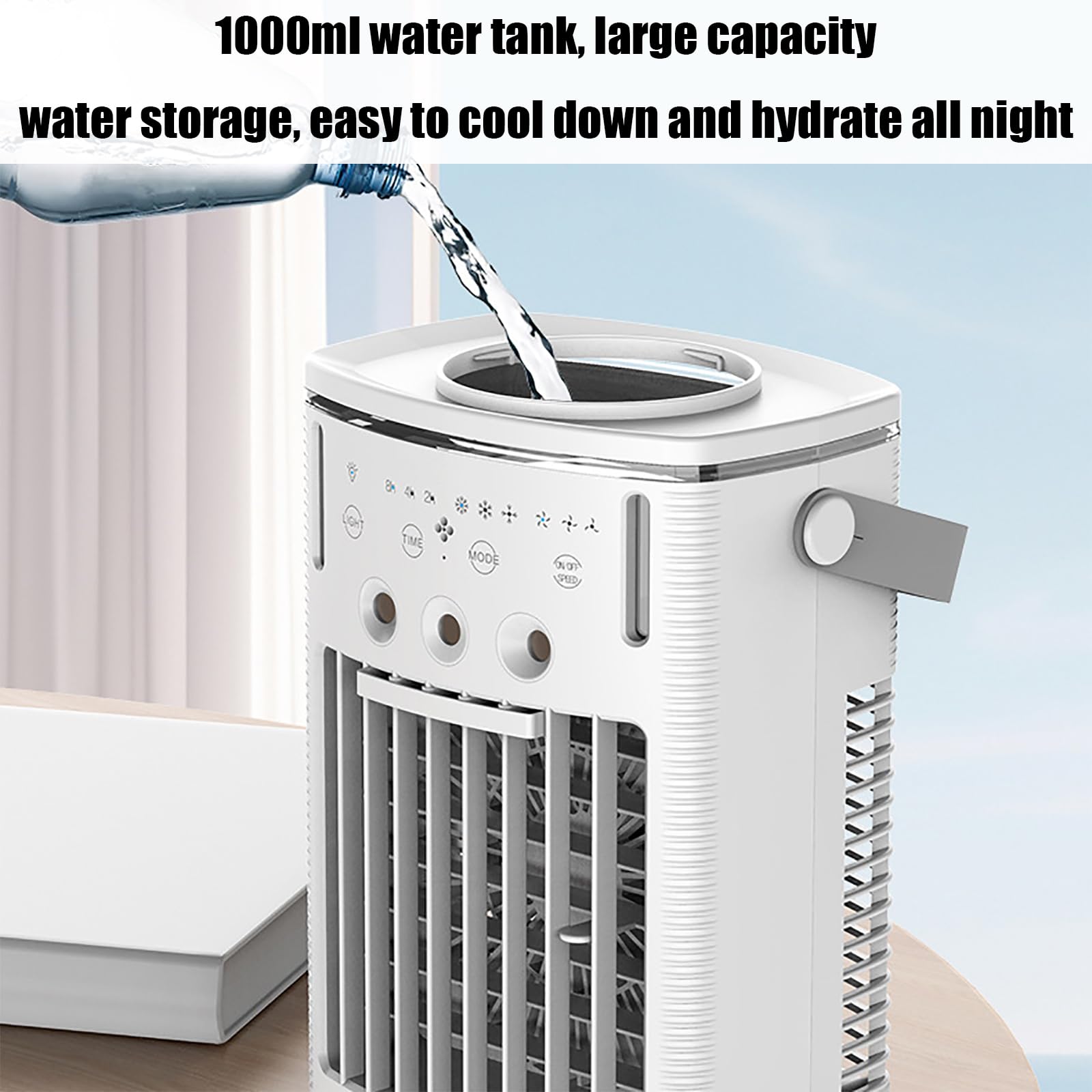 Przenośna klimatyzacja,Przenośna chłodziarka z pilotem i zbiornikiem 1000 ml, 3 prędkościami wiatru, timerami, głowicami natryskowymi i 7-kolorowymi światłami do użytku w domu i akademiku