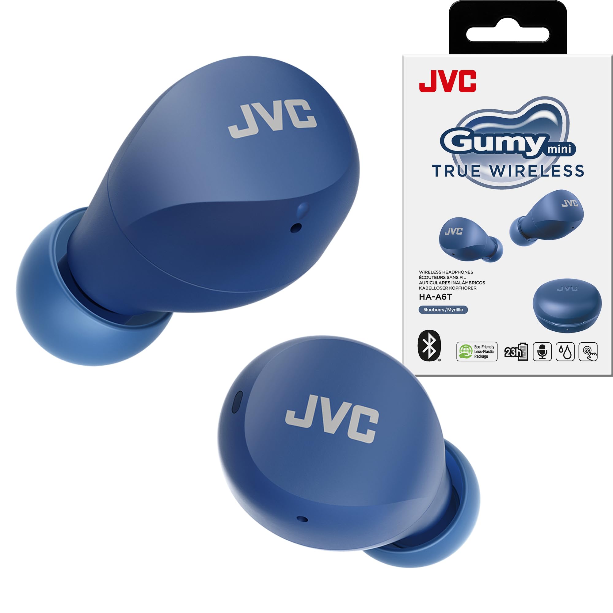 JVC Compact and Lightweight Gumy Mini True Wireless Earbuds Headphones, Long Battery Life (up to 23 Hours), Sound with Neodymium Magnet Driver, Water Resistance (IPX4) - HAA6TA (Blue)