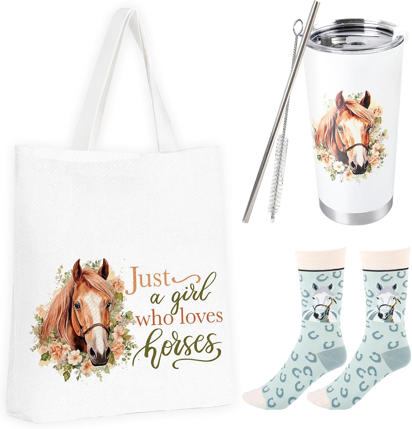 Horse Tumbler Gifts, Just a Girl Who Loves Horse Including 20 oz Stainless Steel Tumbler with Lid and Straw, Reusable Tote Bag Socks Themed Birthday Gifts for Women Girls Animals Lovers