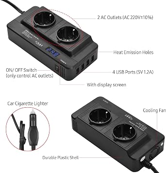 Mistaha 200W Araba Güç Çevirici DC 12V AC 220V Dönüştürücü 2 AC Çıkışlı 4 USB Bağlantı Noktası Açma/Kapatma Anahtarı Koruma Telefon Dizüstü Bilgisayar için Taşınabilir Araç Şarj Adaptörü Elektrik