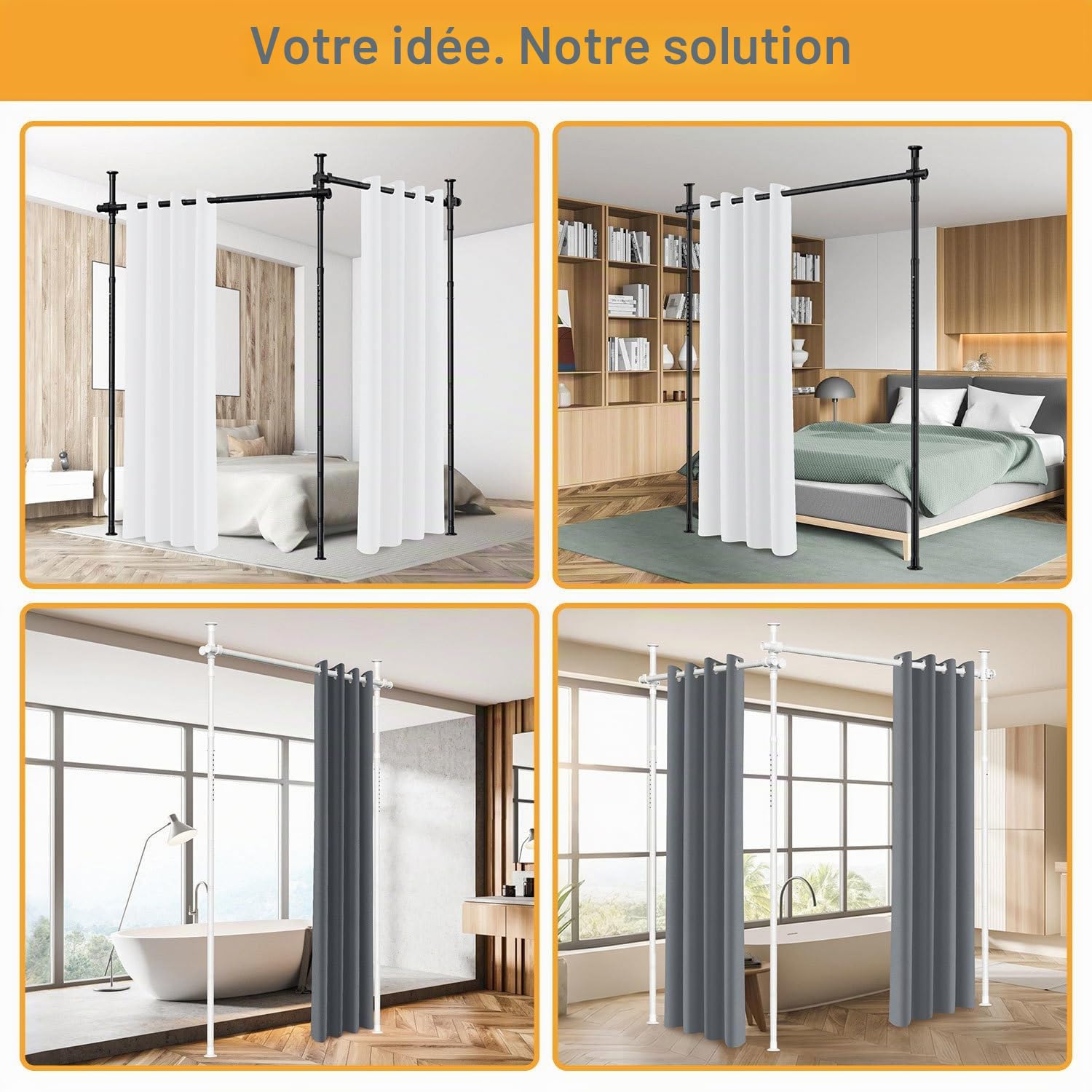 Tringle Rideau sans Perçage H 122-320 cm B 70-177 cm | Acier carbone, Salon chambre dressing, Préserve l’intimité, Blanc, Paravent interieur, Rideaux non inclus