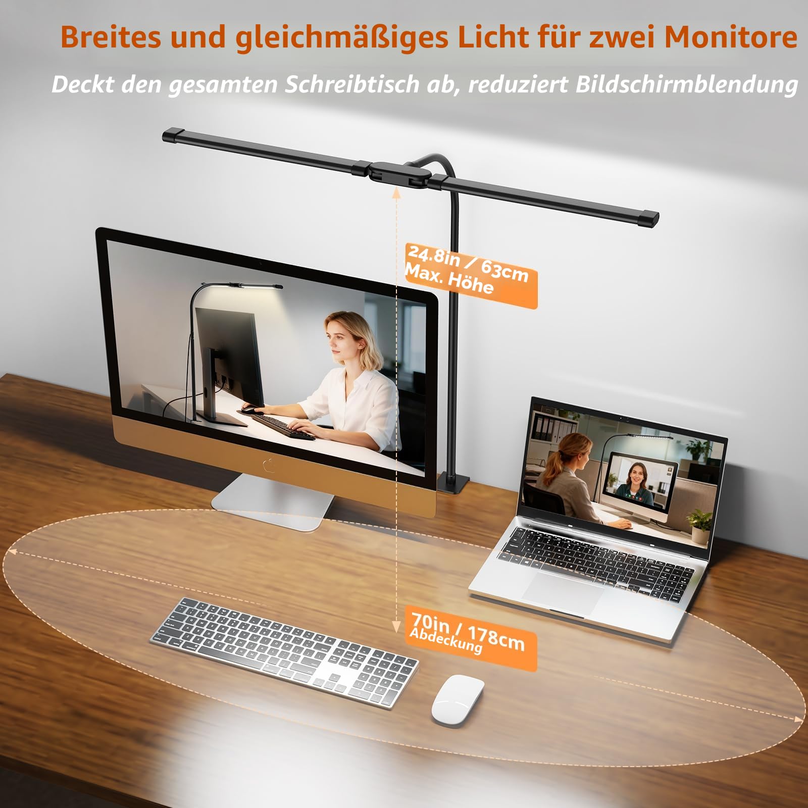 Woputne Dimmbare LED Schreibtischlampe mit Klemme, 61cm Doppelkopf Bürolampe, 960LM, 5 Farbtemperaturen & 10 Helligkeitsstufen, Flexibler Schwanenhals, Augenschonend für Homeoffice & Monitorarbeit