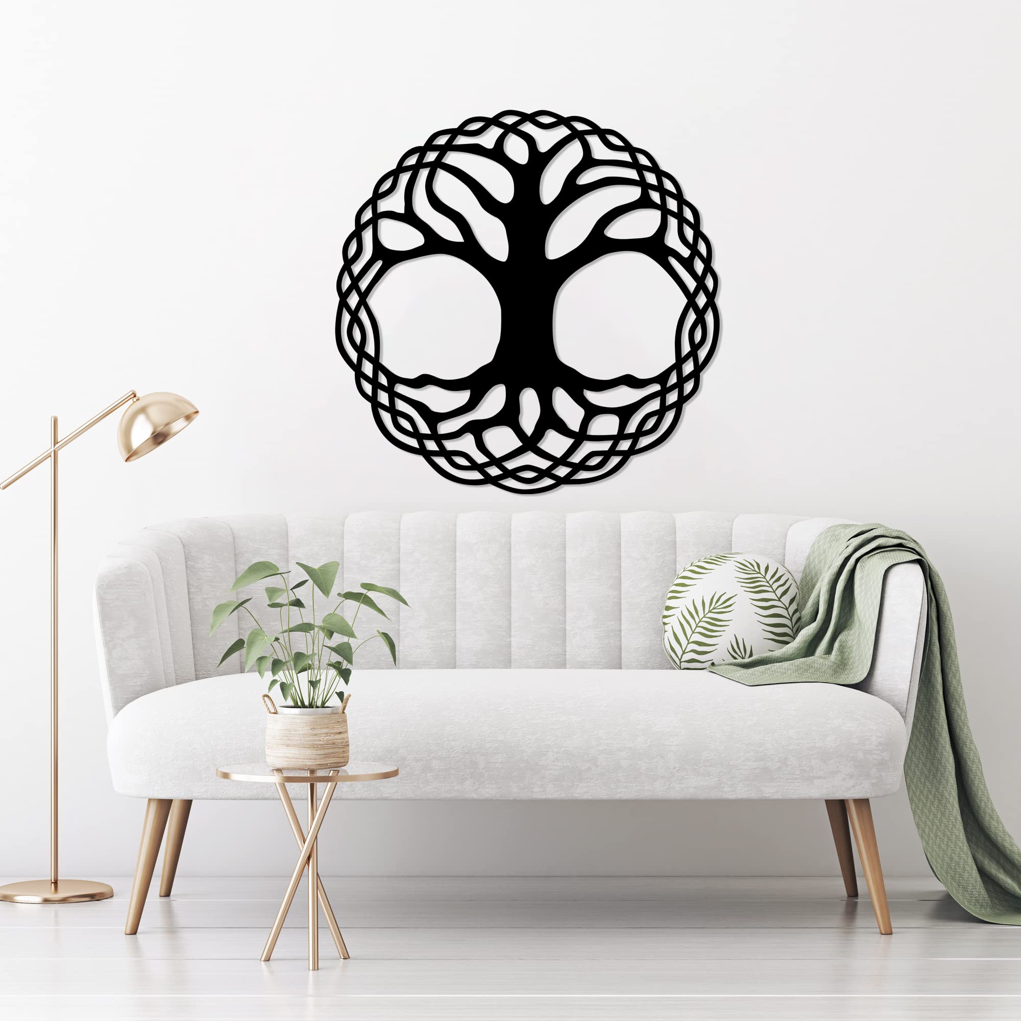 dv decovieno Decoratieve boom, rond, ingelijst, levensboom, metaal, wanddecoratie voor huis, woonkamer, slaapkamer en kantoor, grote boom, muurkunst van metaal (75 cm