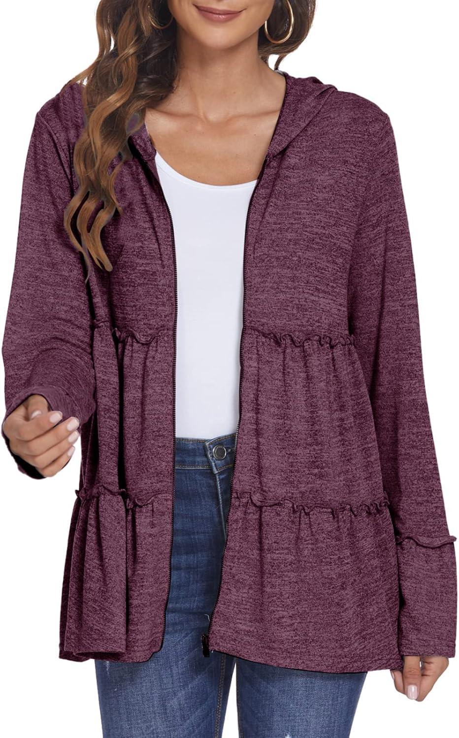DEESHA Full Zip Up Hoodie for Women Pleated Tiered Ruffle Hooded Sweatshirts Jacket Coat Long Sleeve(Pink, Medium)