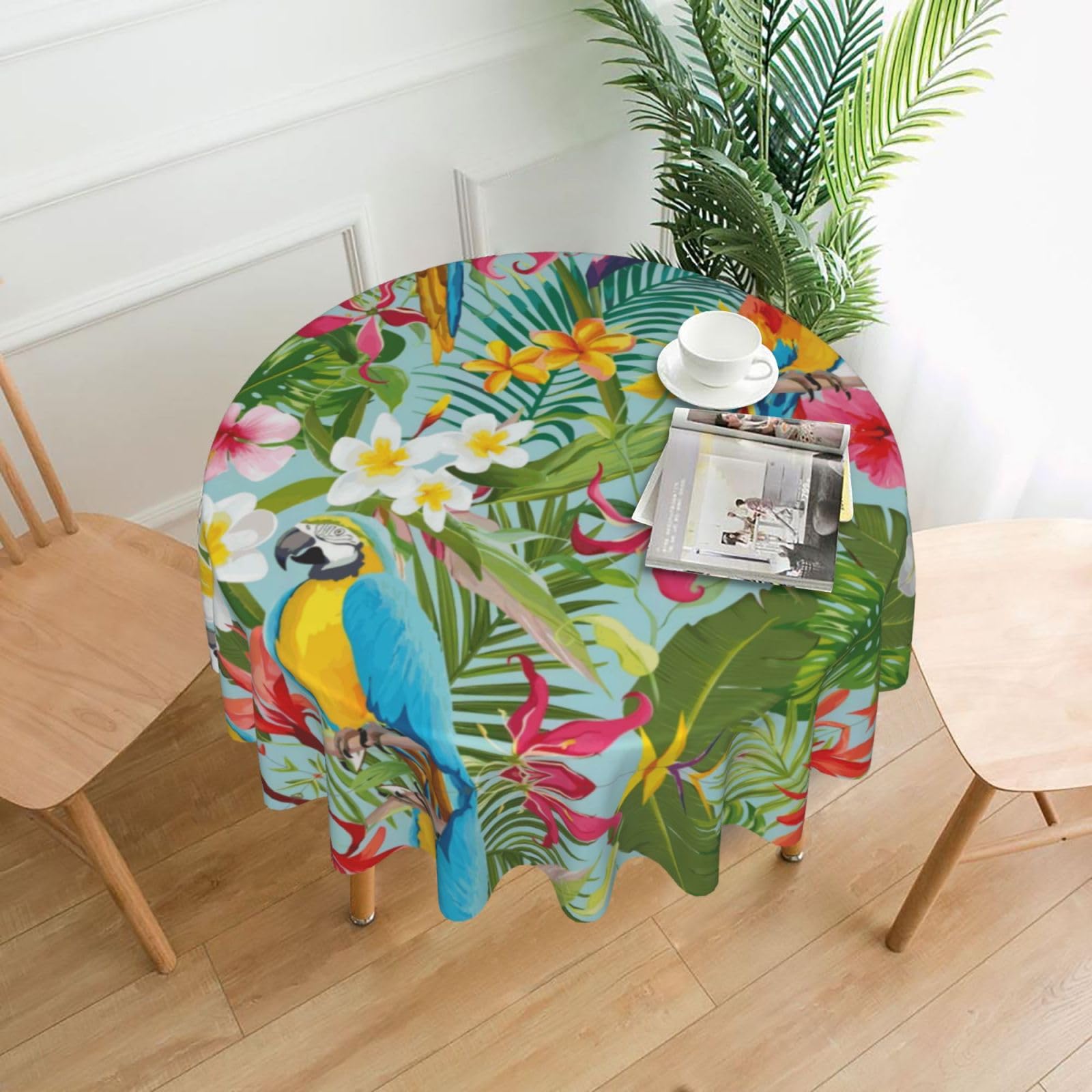 HLSBSSL Tropical plants and parrots Printed round decorative tablecloth, 60 inches, suitable for various tables in the living room, dining room, coffee table, etc.