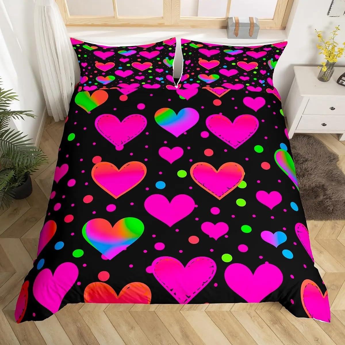 Parure de lit 200x200 love heart avec housse de couette et taies d'oreiller motif cœur coloré