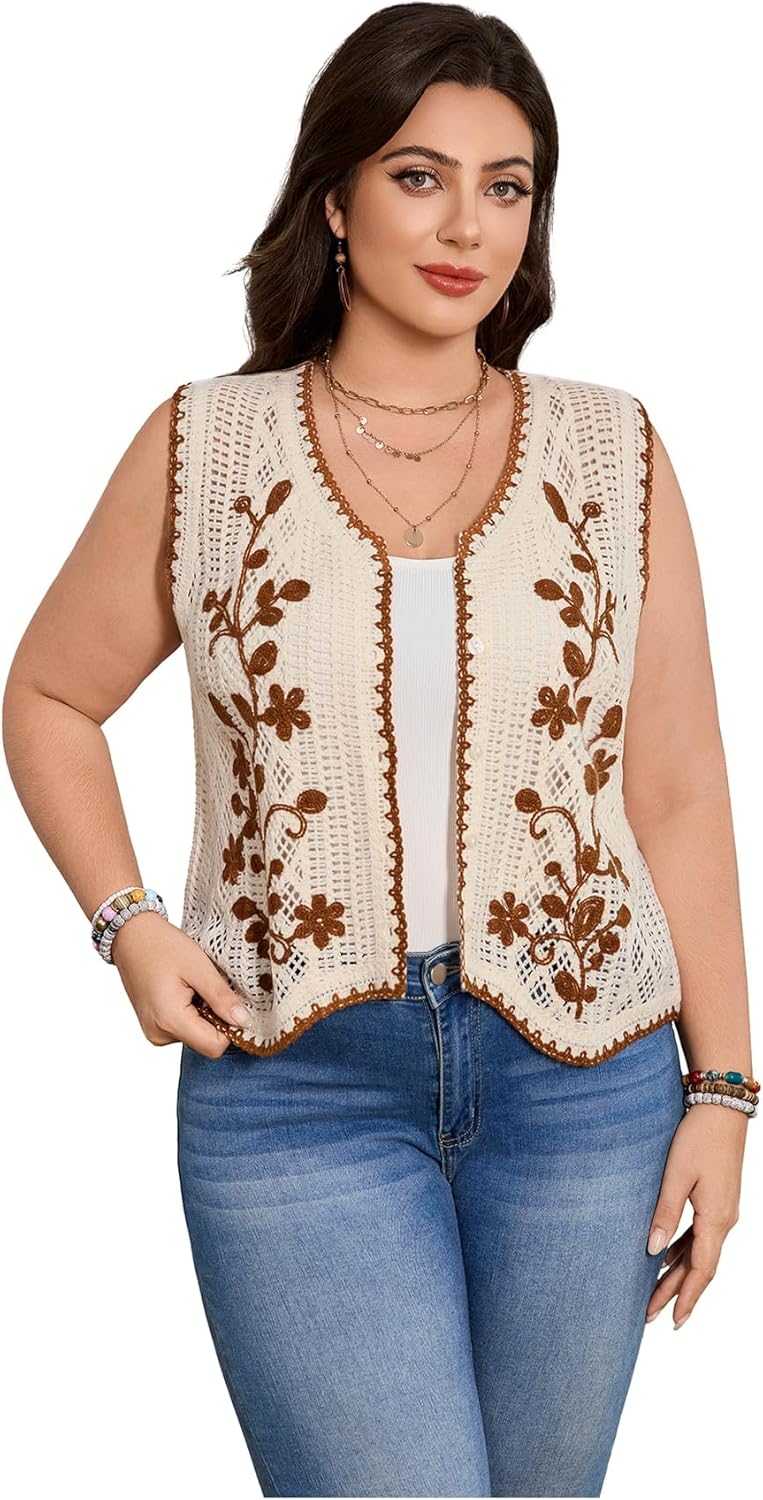 GORGLITTER Women's Plus Size Crochet Tank Tops Boho Floral Vest Tops Sleeveless Western Cowgirl Rodeo Nashville Outfits