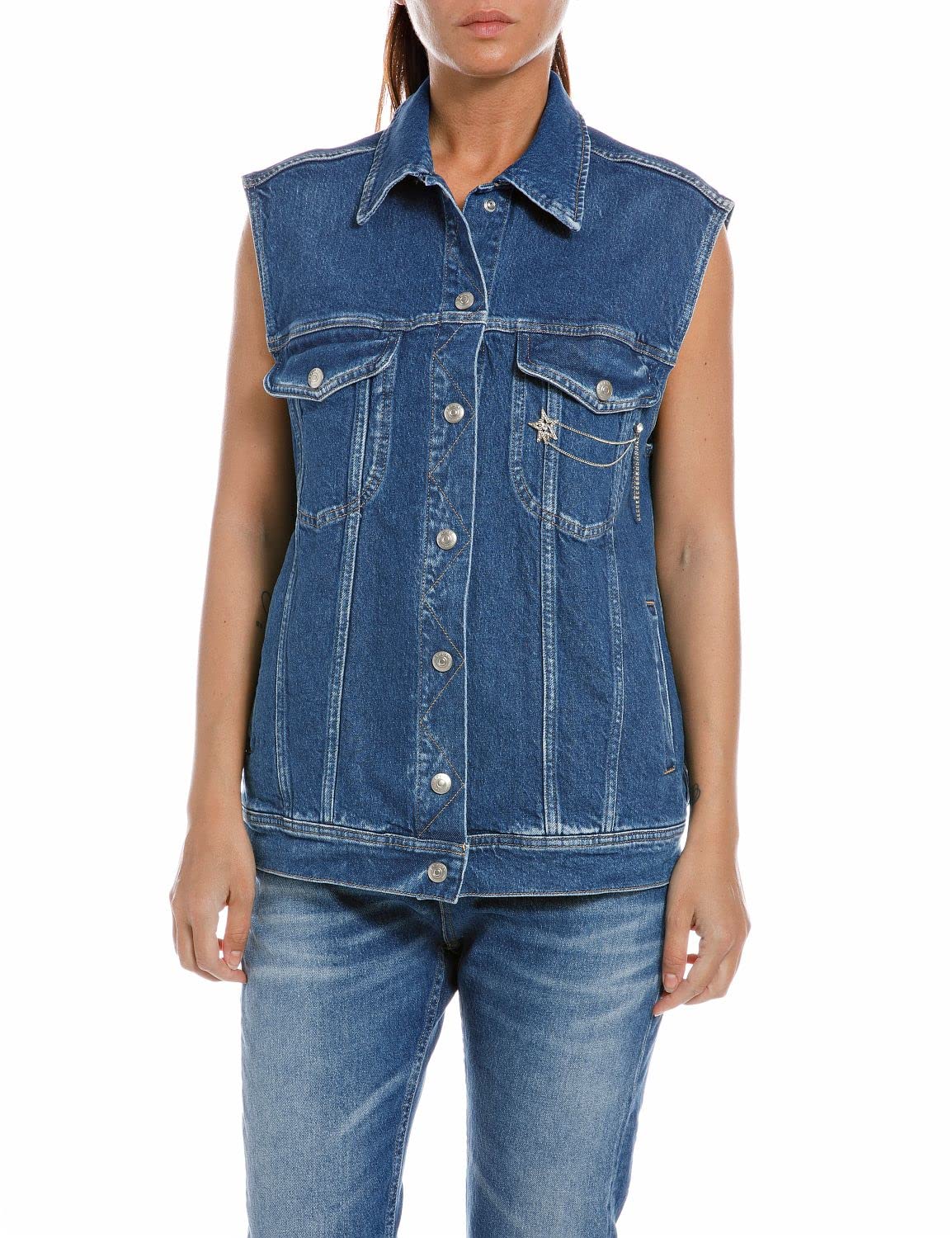 REPLAY women's denim vest with button placket, Medium Blue 009 (Blue), M