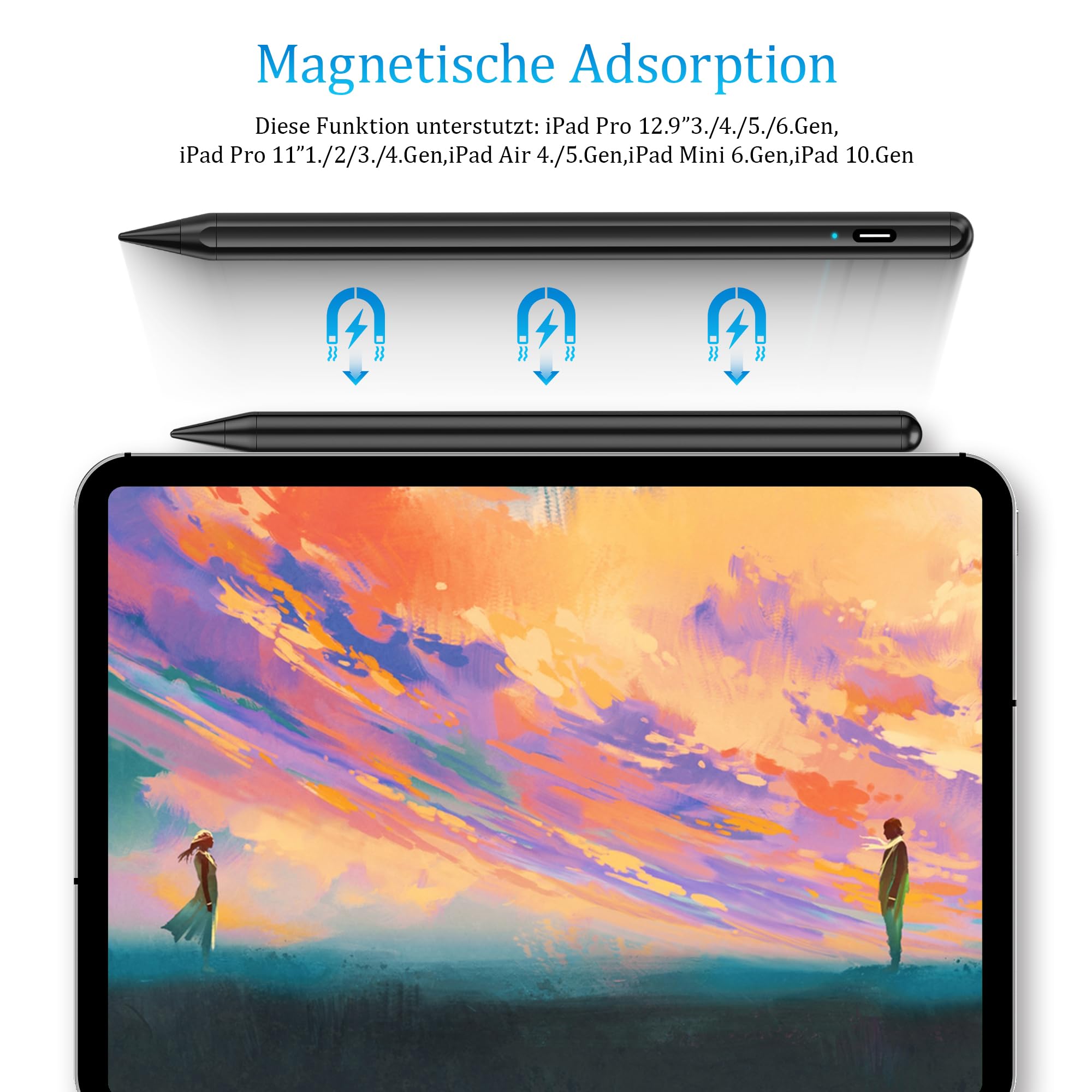 Penna Stilo per iPad 2018-2022, DARLYOR Stilo dell'iPad 2a Generazione con Rifiuto di Palmo, Sensibile all'inclinazione, Pennino Magnetico per iPad 6/7/8/9/10/Air 3/4/5/Mini 5/6/Pro 11/Pro12.9-Nero