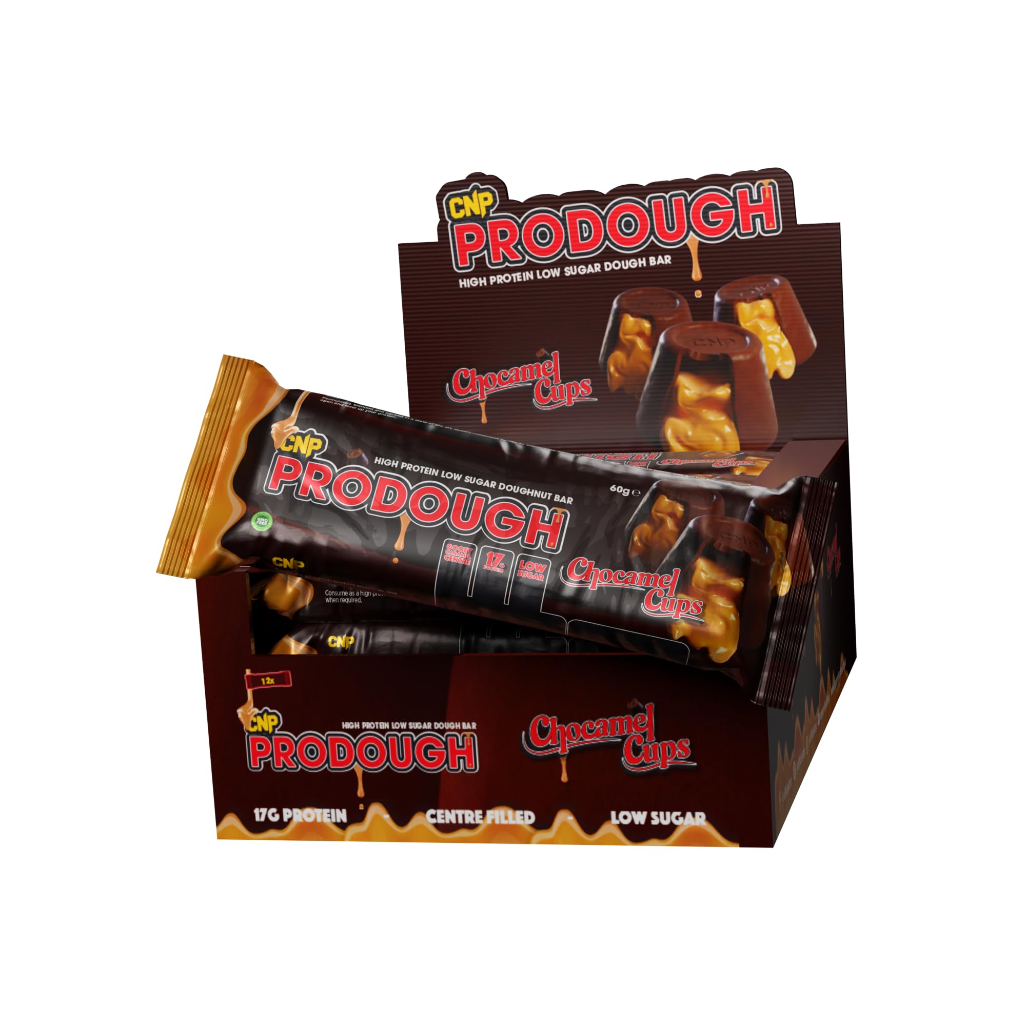 CNP Professional Prodough Milk Protein Bars, 18g Protein, Soft Centre Filled High-Protein Low-Sugar High-Fibre Bars, Available in 4 Delicious Flavours, Box of 12 x 60g Bars (Chocamel Cups)