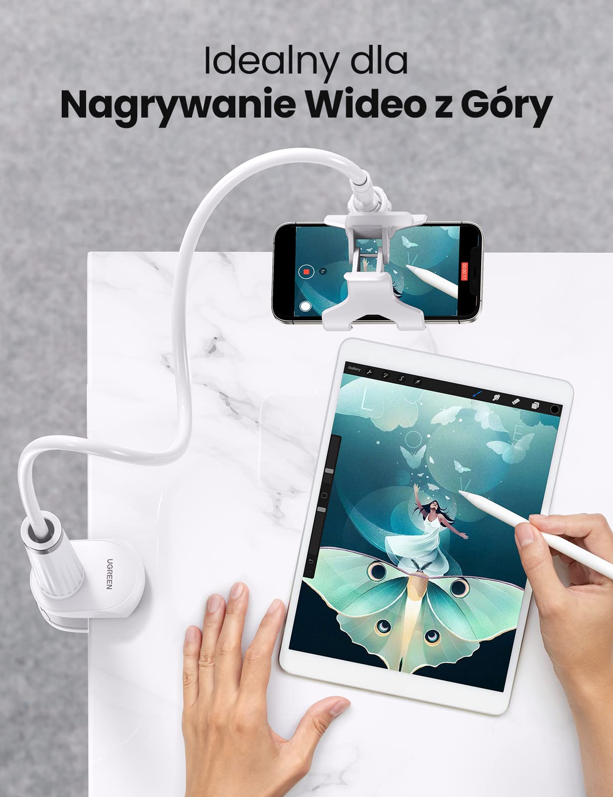 UGREEN Uchwyt na telefon do łóżka, na biurko, gęsiej szyja, elastyczny uchwyt na telefon komórkowy, kompatybilny z iPhone 15 Plus Pro Max 14 13, Galaxy S23, S22, S21, Ultra, S20, Redmi Note 12 Pro