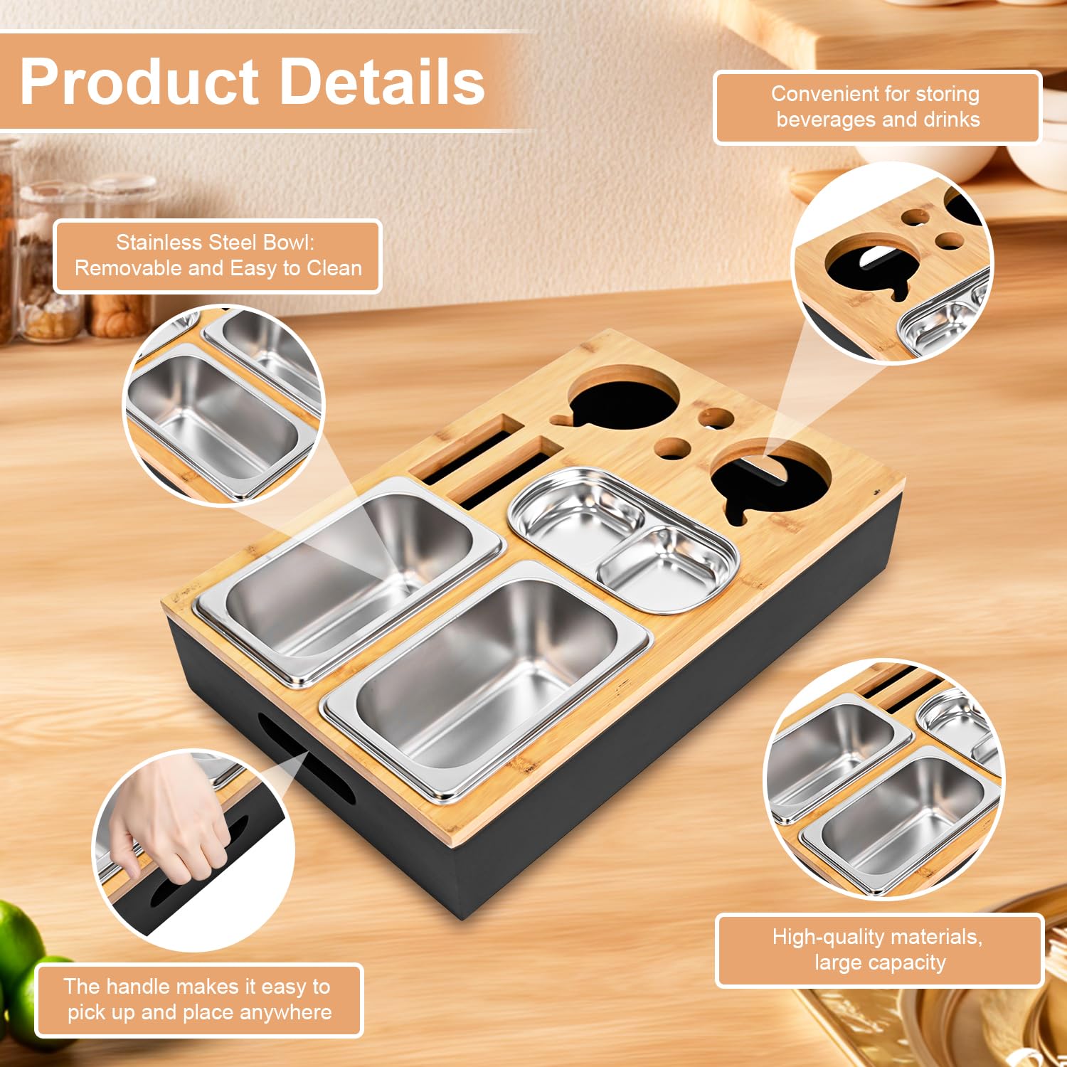 Couchbar Snackbox Schwarz Mit Snackschalen Aus Edelstahl Sofa Tablett Geeignet für Wohnzimmer, Sofa, Garten, Picknickparty (Schwarz)
