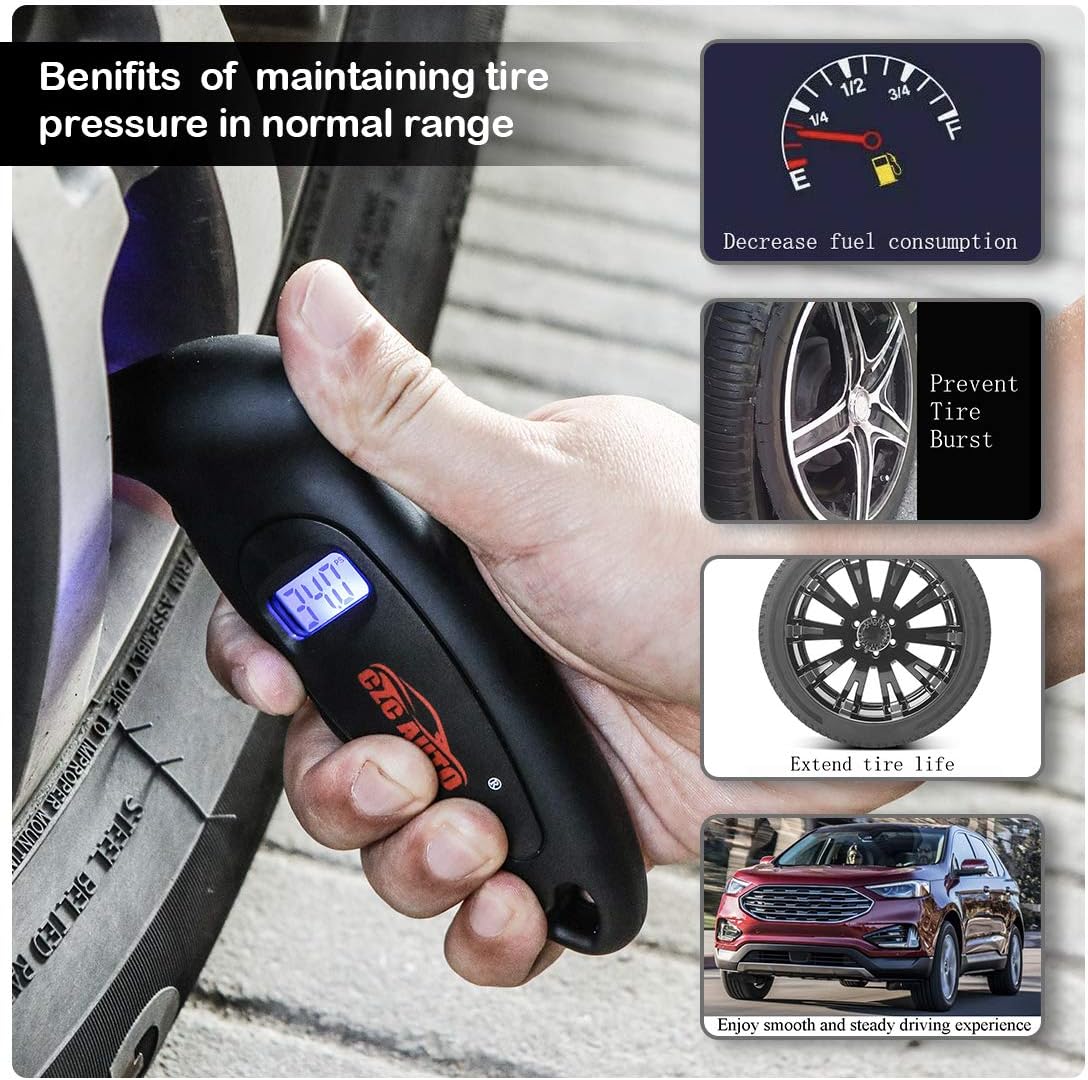 Buy 1 get 1 🔥 CZC AUTO Digital Tire Pressure Gauge Reader Checker 4 Settings Digital PSI Tire Gauge with Lightened Nozzle Backlit LCD for Car Truck Bicycle Motorcycle | Non-Slip Grip, 0-150 PSI (2PACK, Black)