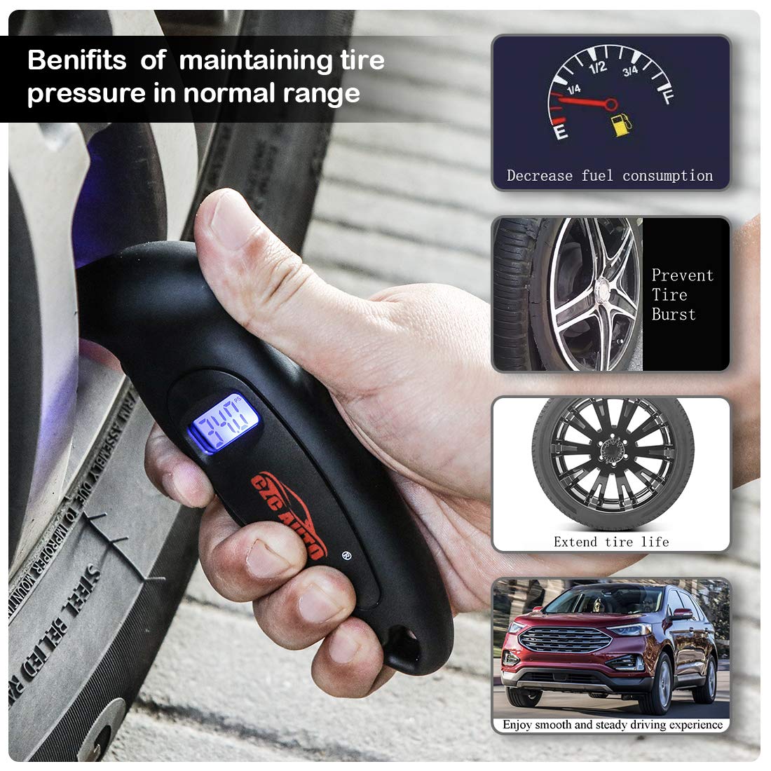 CZC AUTO Digital Tire Pressure Gauge Reader Checker 4 Settings Digital PSI Tire Gauge with Lightened Nozzle Backlit LCD for Car Truck Bicycle Motorcycle | Non-Slip Grip, 0-150 PSI (1 Pack, Black)