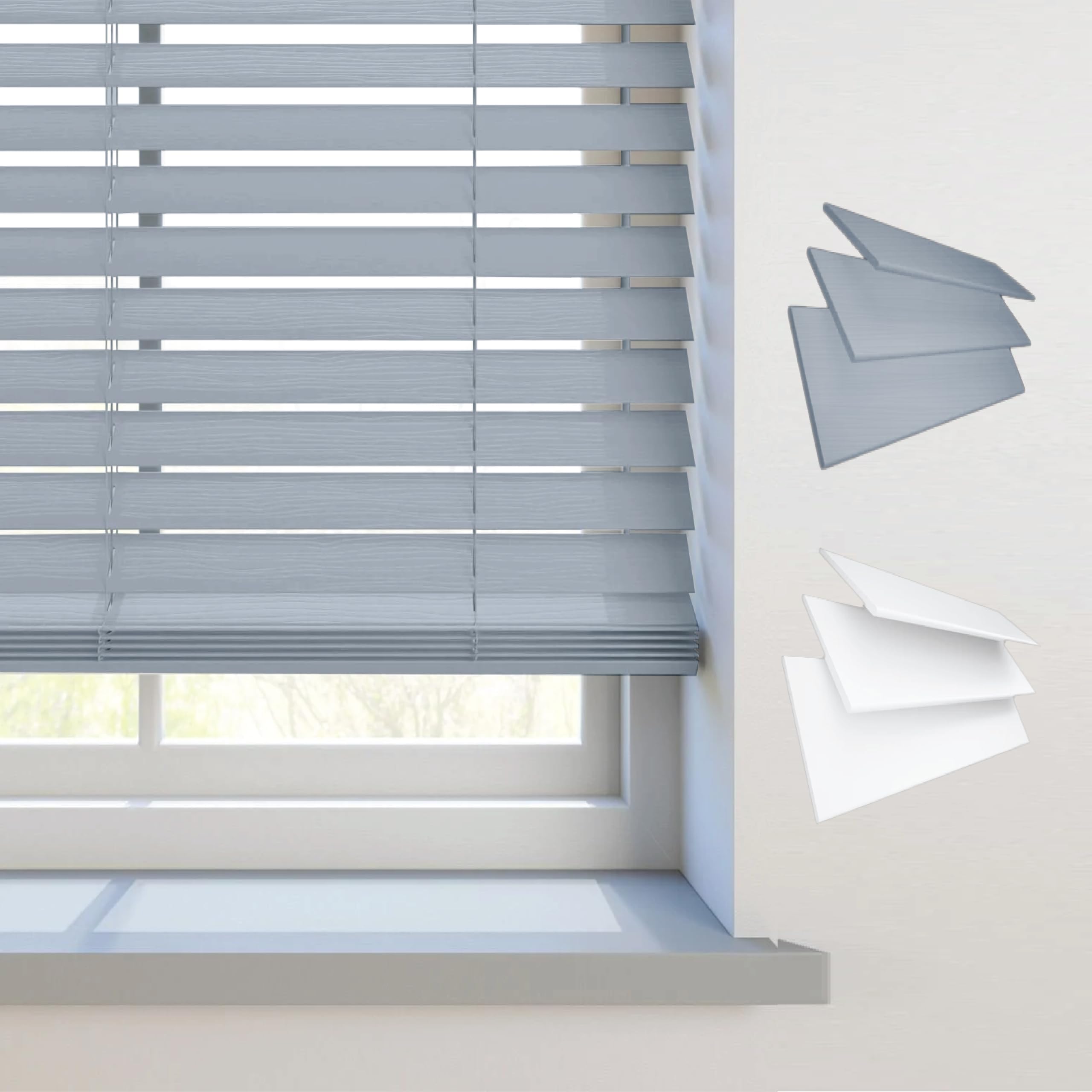 REHAN & CO Faux wood window Venetian Blinds 50mm Slats with String/Tape Blinds Aluminium Headrail Trimmable Child Safe Home Office Window Blind (Grey String, 114Wcm x 150Hcm)