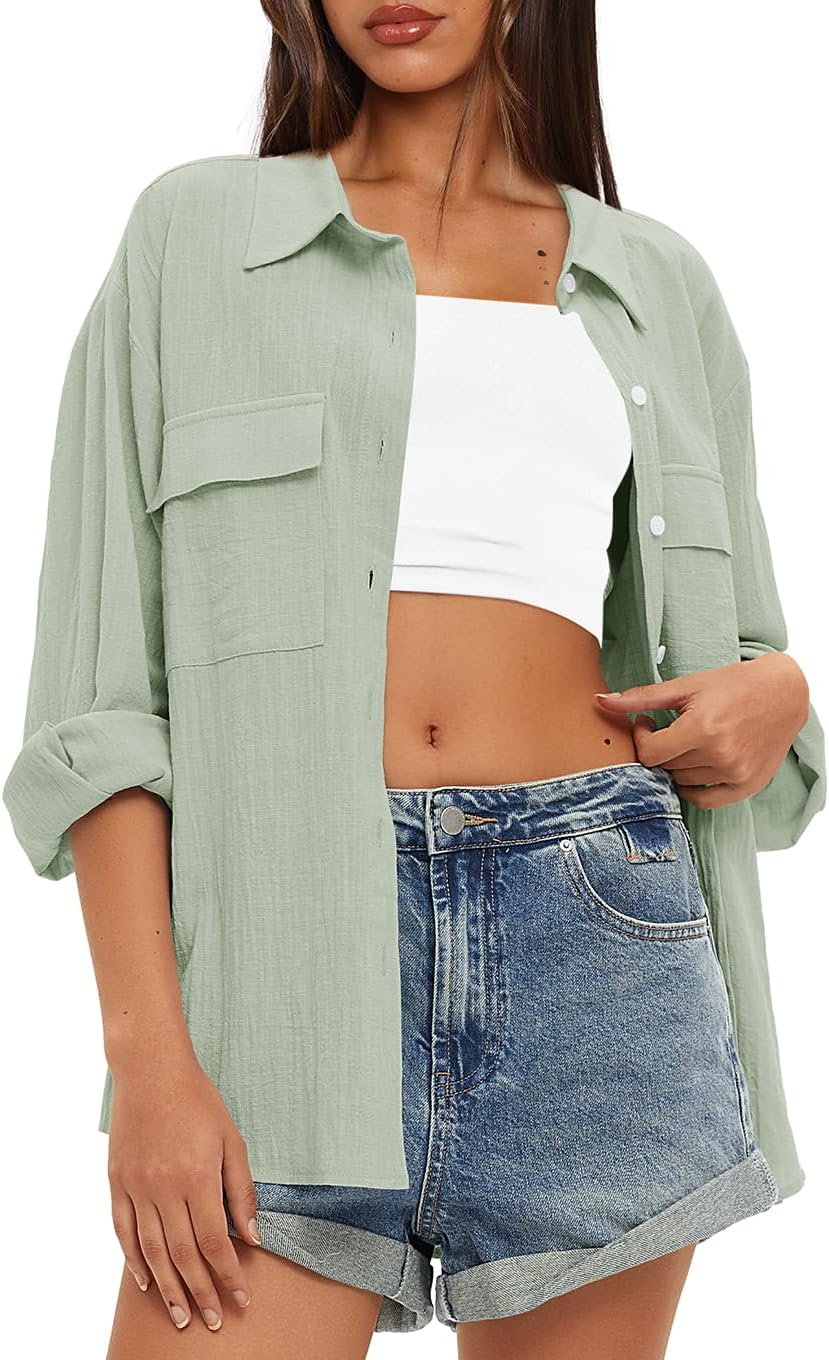 Darong Women's Button Down Long Sleeve Shirts Cotton Blend Casual Oversized Boyfriend Loose Fit Blouse Top