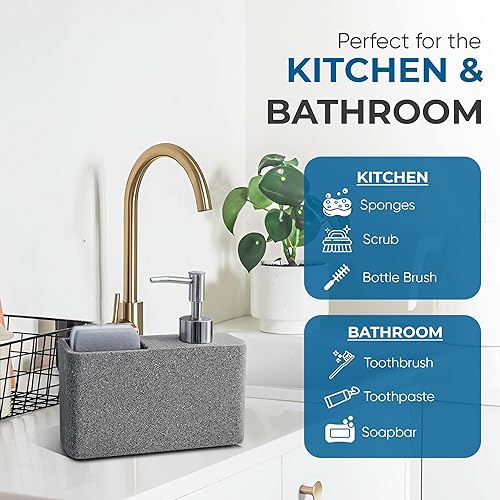 Miniatura 4 de Havara Dispensador de jabón para uso en cocina con bomba de una sola mano, base antideslizante, acabado de resina de granito y esponja de limpieza a