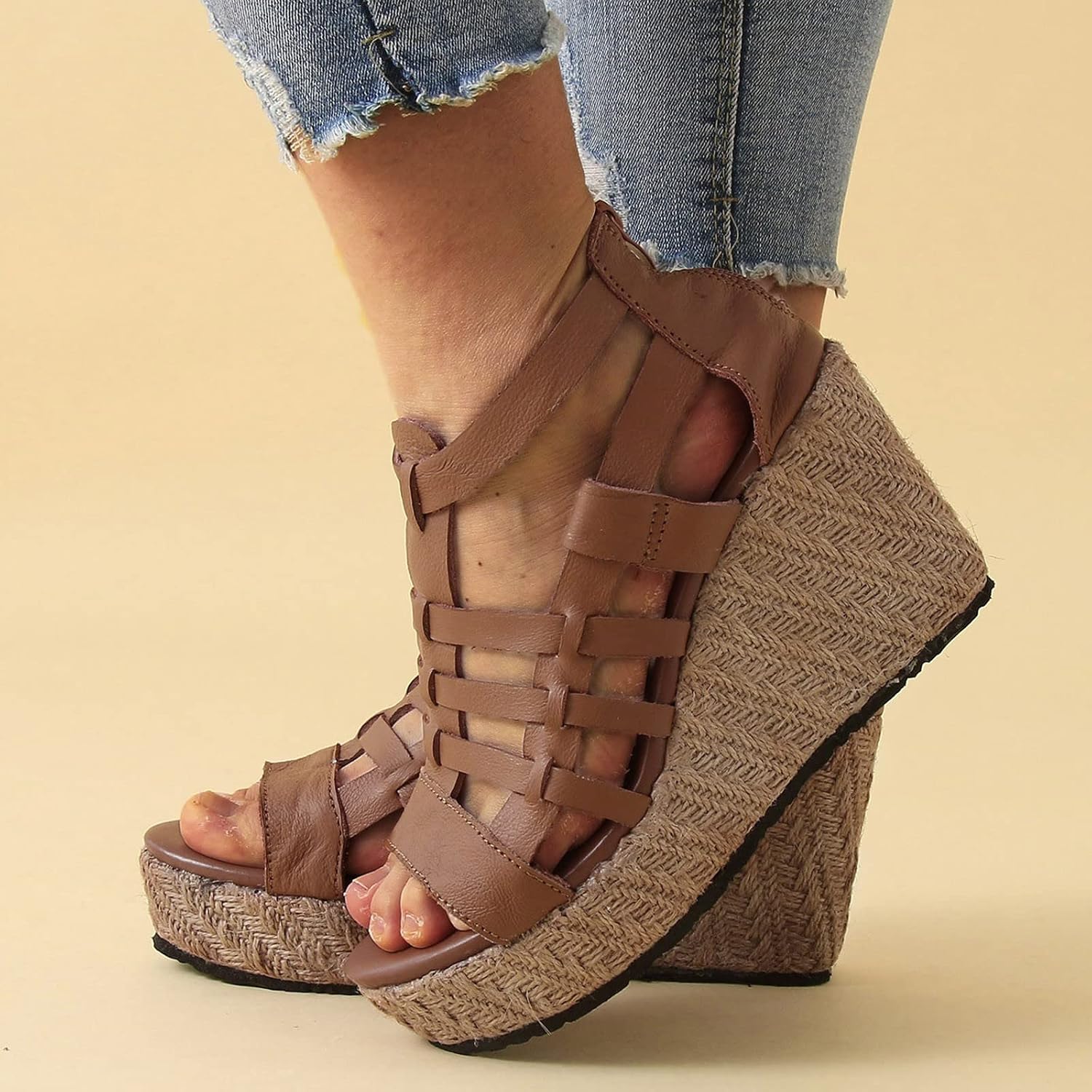 CsgrFagr Women's Sneakers Wedge Sandals for Women Shoes Dressy Casual Summer Open Toe Ankle Strappy Espadrille Platform Platform (Brown, 7)