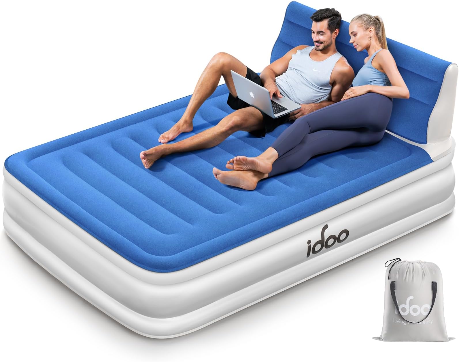 iDOO Air Bed with Headboard, Double Size Inflatable Mattress with Built-in Electric Pump, Comfort Blow Up Bed, Self-inflating Guest Air Mattress, Blue