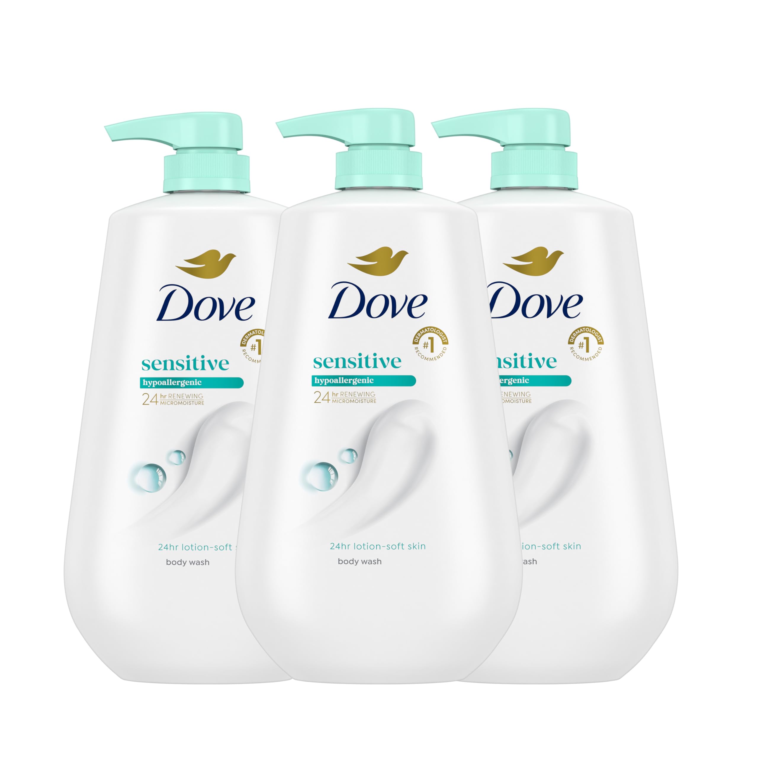 dove body wash 3 count sensitive skin for 24hr lotion-soft skin moisturizing skin cleanser gentle hypoallergenic formula with no sulfates no parabens