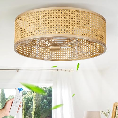 Ventilador de techo enjaulado Boho con luz, ventilador de techo de 20'' de ratán con luz y control remoto de montaje empotrado para dormitorio,