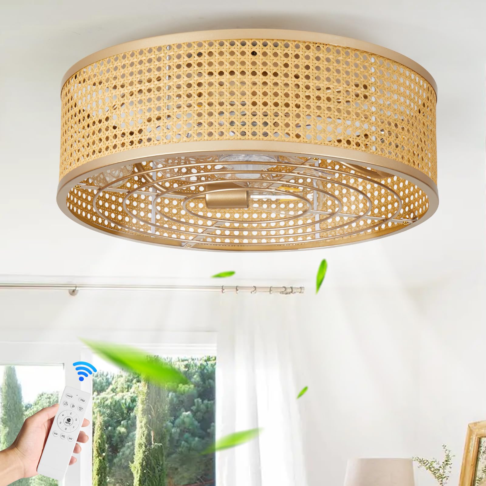 boho caged ceiling fan with light, 20'' rattan flush mount ceiling fan with light and remote control for bedroom kitchen living room