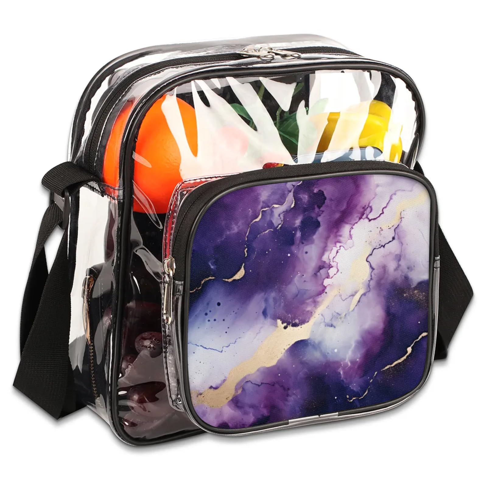 Clear Crossbody Bag Stadium Approved Marble Skin Transparent Bag for Festivals, Sports Events, Concerts,Beach Bag for Women Men Abstract Gradient Purple Clear Purse with Front Pocket Messenger Bag
