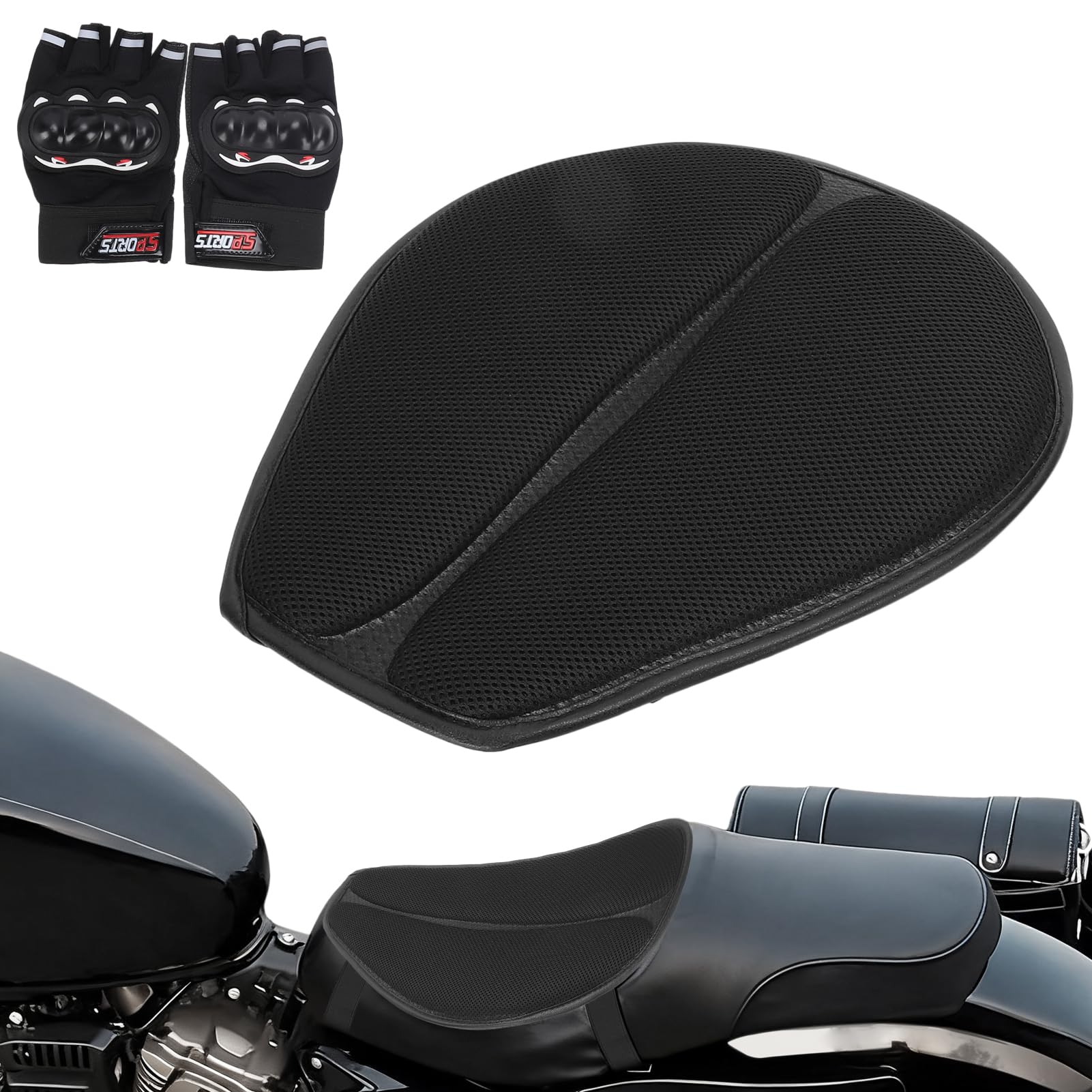 Atmungsaktives Mesh-Motorrad-Sitzkissen, 5-lagiger Gel-Sattel, Ganzjahres-Komfortpolster mit Handschuhen-Kombination, Belüftetes Design für Lange Fahrten, Faltbar, Universelle
