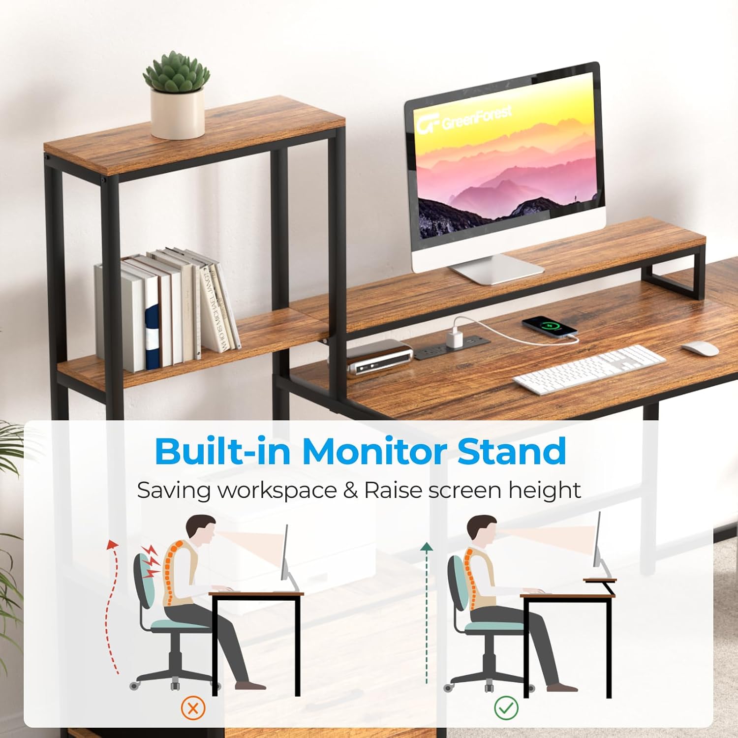 Diagram illustrating correct and incorrect sitting posture with a monitor stand, showing ergonomic benefits
