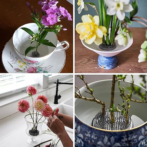 Miniatura 5 de JUSTDOLIFE Flower Frogs - Florero de ranas florales de acero inoxidable Kenzan  Soporte redondo de metal para arreglos florales Ikebana  Arreglos de