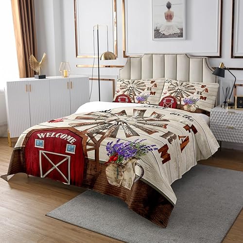 Miniatura 3 de Erosebridal Juego de edredón de granja occidental, juego de colcha rústica para cabaña, cabaña, cabaña, granero, lavanda, molino de viento, juego de
