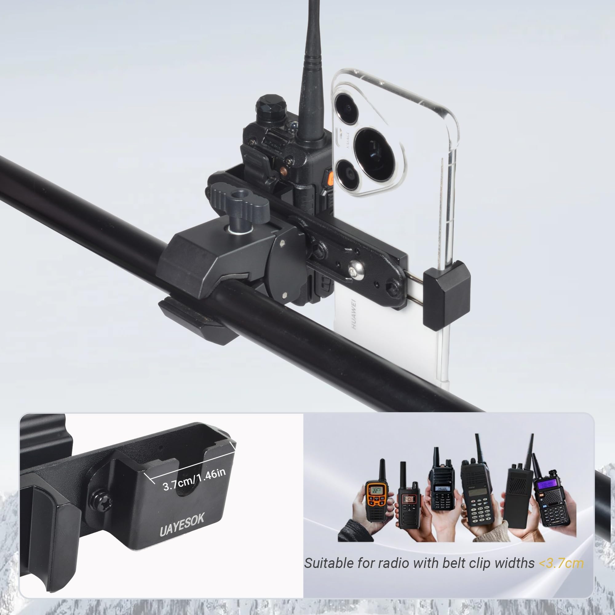 UAYESOK Soporte 2 en 1 para teléfono móvil y walkie talkies para bicicleta, compatible con todos los teléfonos móviles, walkie-talkies y radios aficionados Motorola, Midland y Baofeng