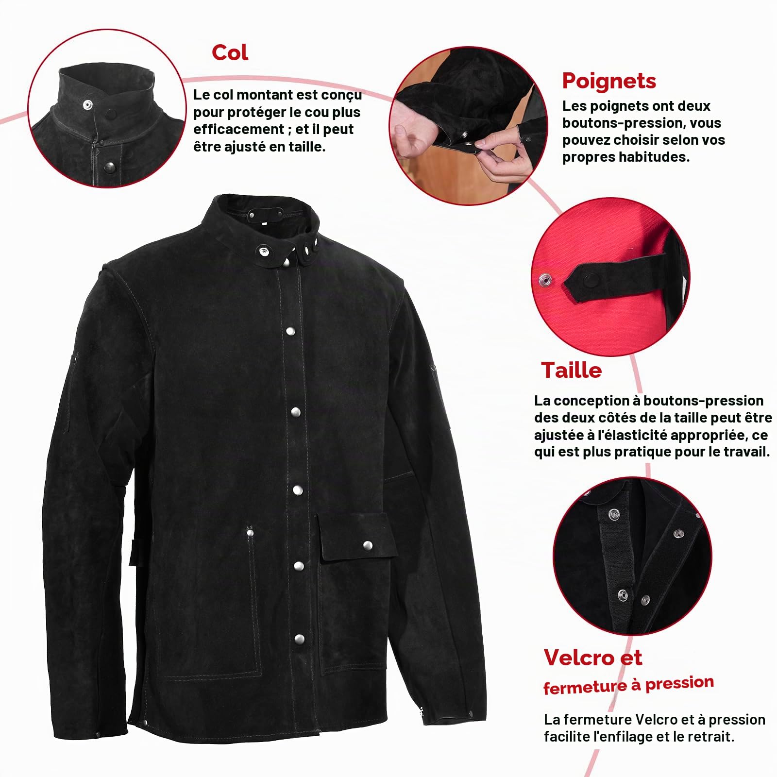 QeeLink Veste de soudage en cuir Veste de travail en cuir résistant à la chaleur et aux flammes, Vêtements de soudage pour soudeur, Noir