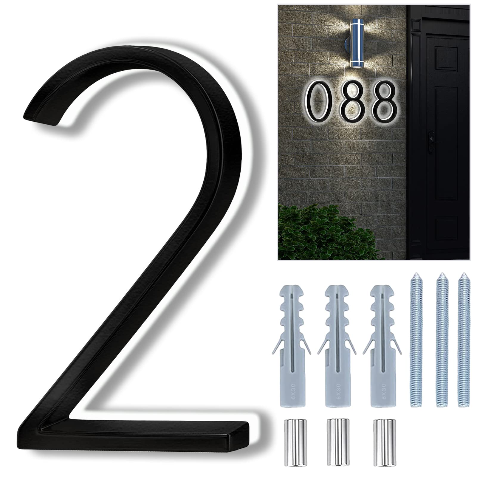 Backlit LED Home Address Numbers, 8 Inch House Numbers, Stainless Steel Hand-Polished Waterproof for House Address Signs, Lighted House Numbers for Outside Modern, Low-Voltage, Yard, Shop (2, Black)