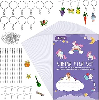 Ainiv DIY Material Plastico Magico Termocontraíble, 20PCS Plástico Magico Artística Retráctil En Blanco con 130 Llaveros, Plastico Magico Horno, Kit para Hacer Llaveros