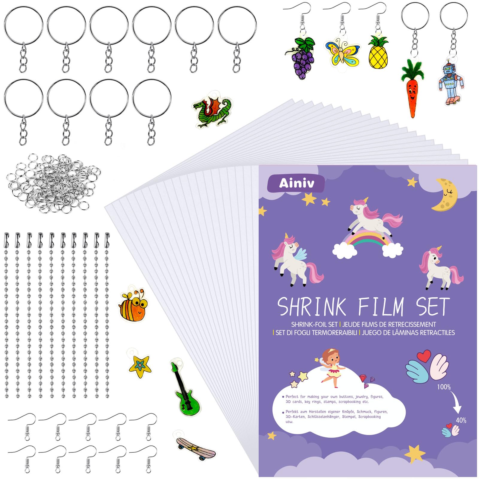 Ainiv 150 PCS Heat Shrink Plastic Sheets Pack, Shrinky Art Crafts Set Include 20 PCS Blank Shrinky Art Film Paper with 130 PCS Keychains Accessories, DIY Hand Made Ornaments Creative Craft for Kids