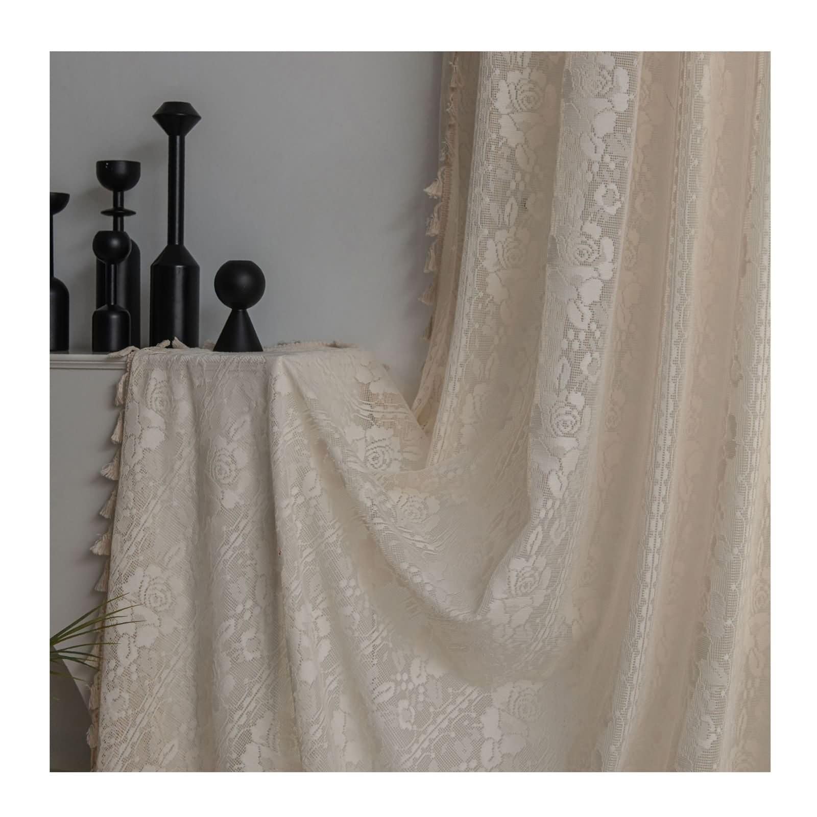 Rideau en coton crochet beige rose 150x220cm pour fenêtre et décoration bohème