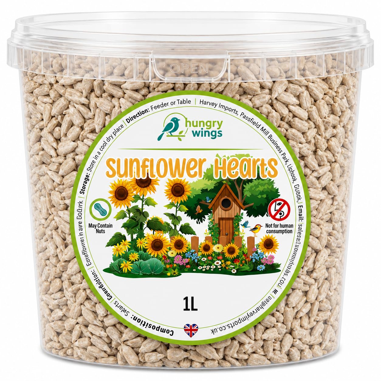 Hungry Wings Sunflower Hearts Bird Food 1L Tub | High Energy Husk Free Feed