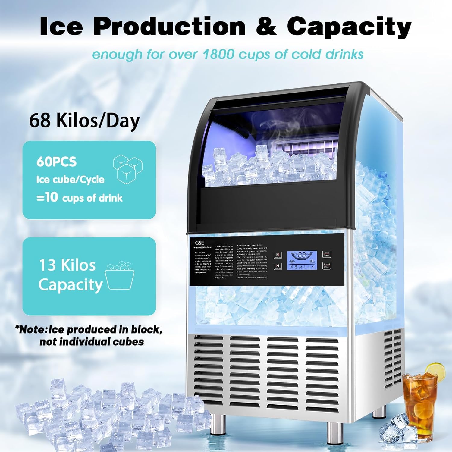GSE Macchina per Cubetti Di Ghiaccio Commerciale 68kg/24h Fabbricatore Ghiaccio Con Schermo LCD Macchina Ghiaccio in Acciaio Inossidabile,Macchina Ghiaccio per Casa,Ristorante,Bar,Caffetteria (70 PCS)
