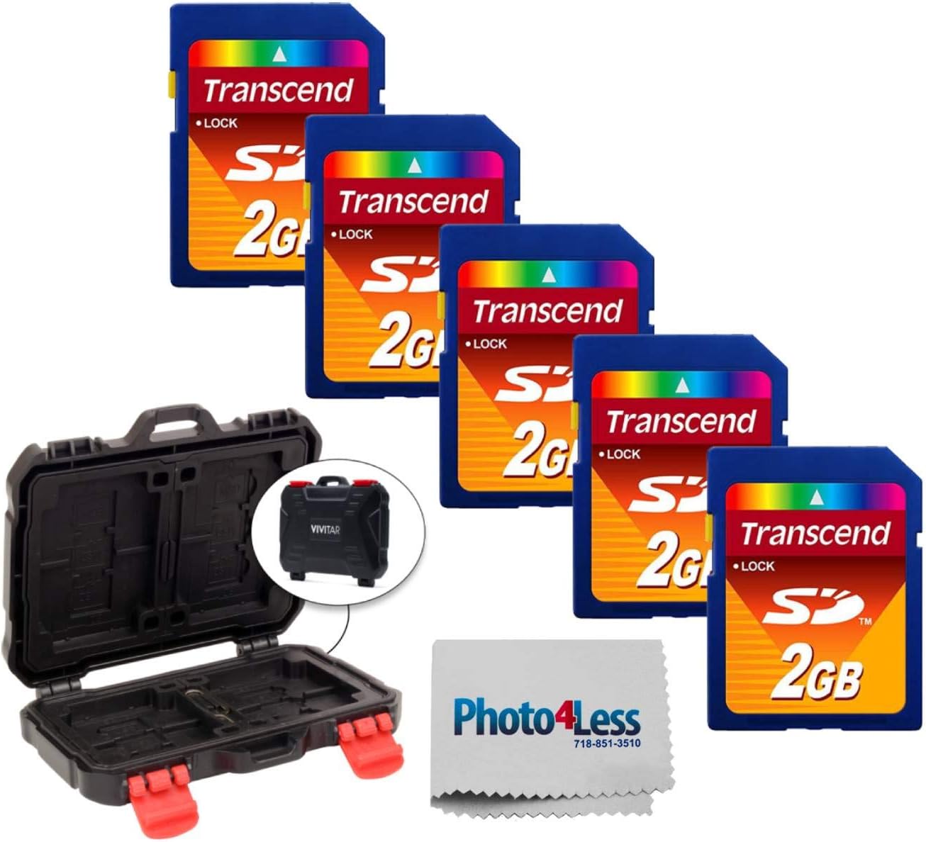 Transcend 2GB SD Secure Digital Memory Card TS2GSDC (5 Pack) + Vivitar Memory Card Hardcase (24 Card Slots) + Camera and Lens Cleaning Cloth, Deluxe Accessory Bundle