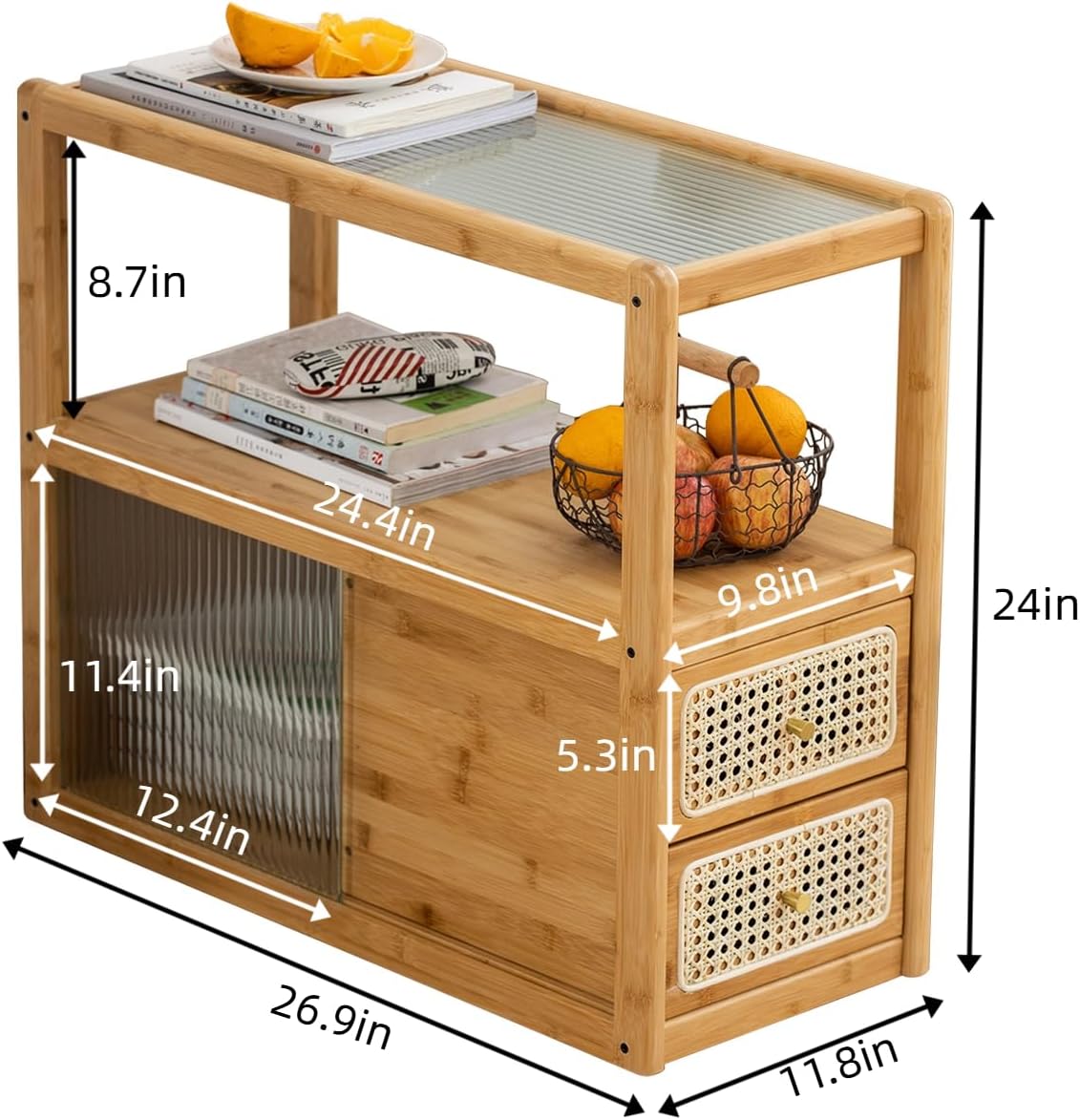 Bamboo & Rattan Side Table with Glass Top – 2-in-1 End Table and Bedside Cabinet with Drawer Storage for Small Spaces, Bedroom, Living Room, Nature