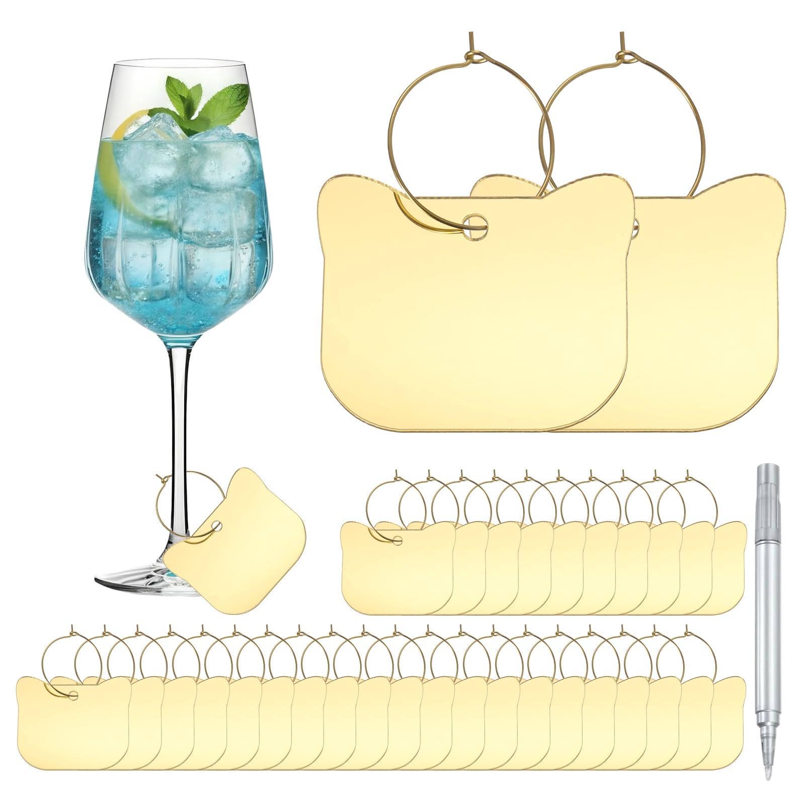 sourcing map 40 Pcs Wine Glass Charm with Ring Tags, Drink Glass Identifiers Acrylic Keychain Blanks with Gold Marker for Stem Glasses Wedding Party Birthday DIY Craft, Gold Cat Head Shape