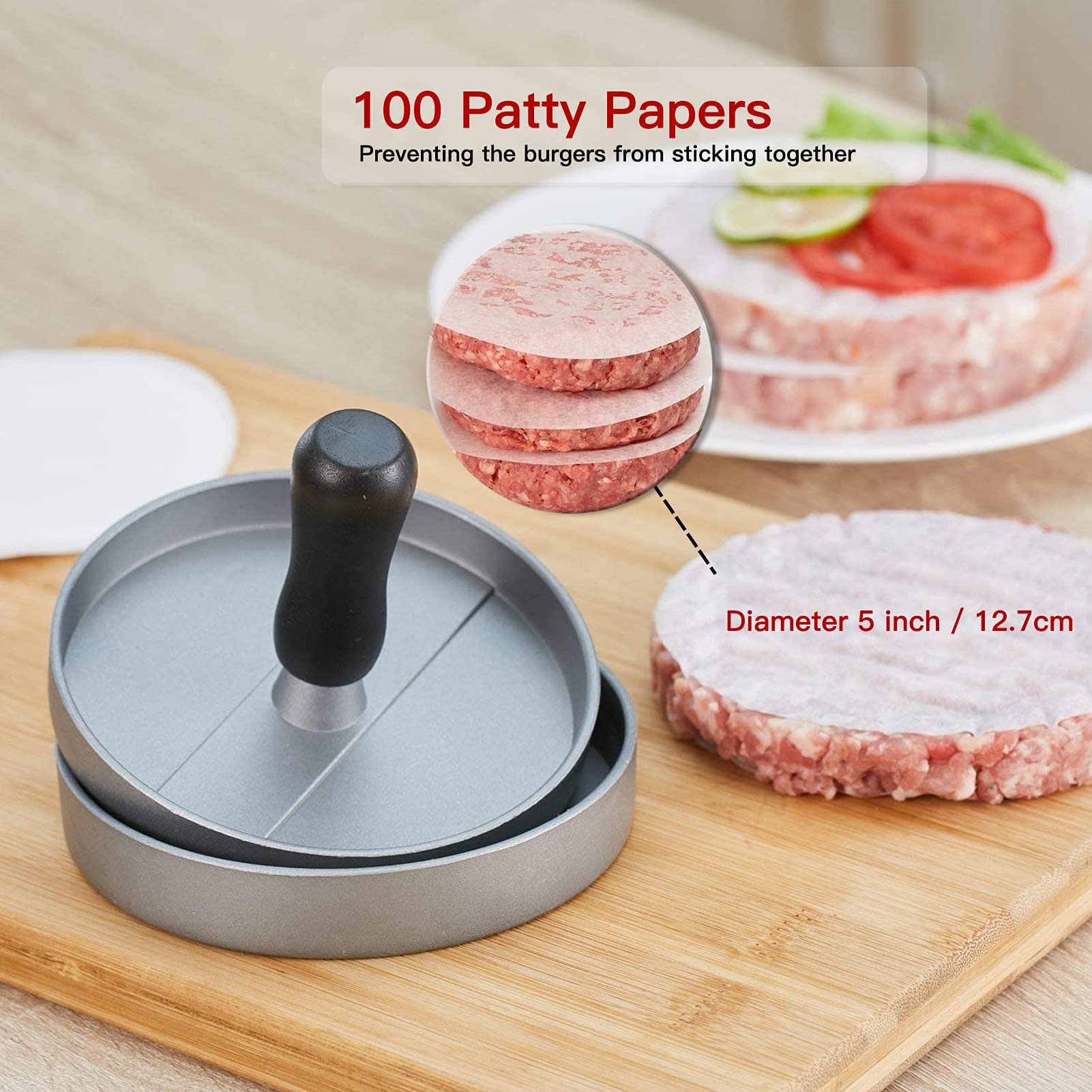Pressa Hamburger in Alluminio - Stampo per Hamburger Antiaderente con Set di 100 Carta per Hamburger - Ideale per Hamburger di Carne e Vegetariani - Accessorio per Barbecue