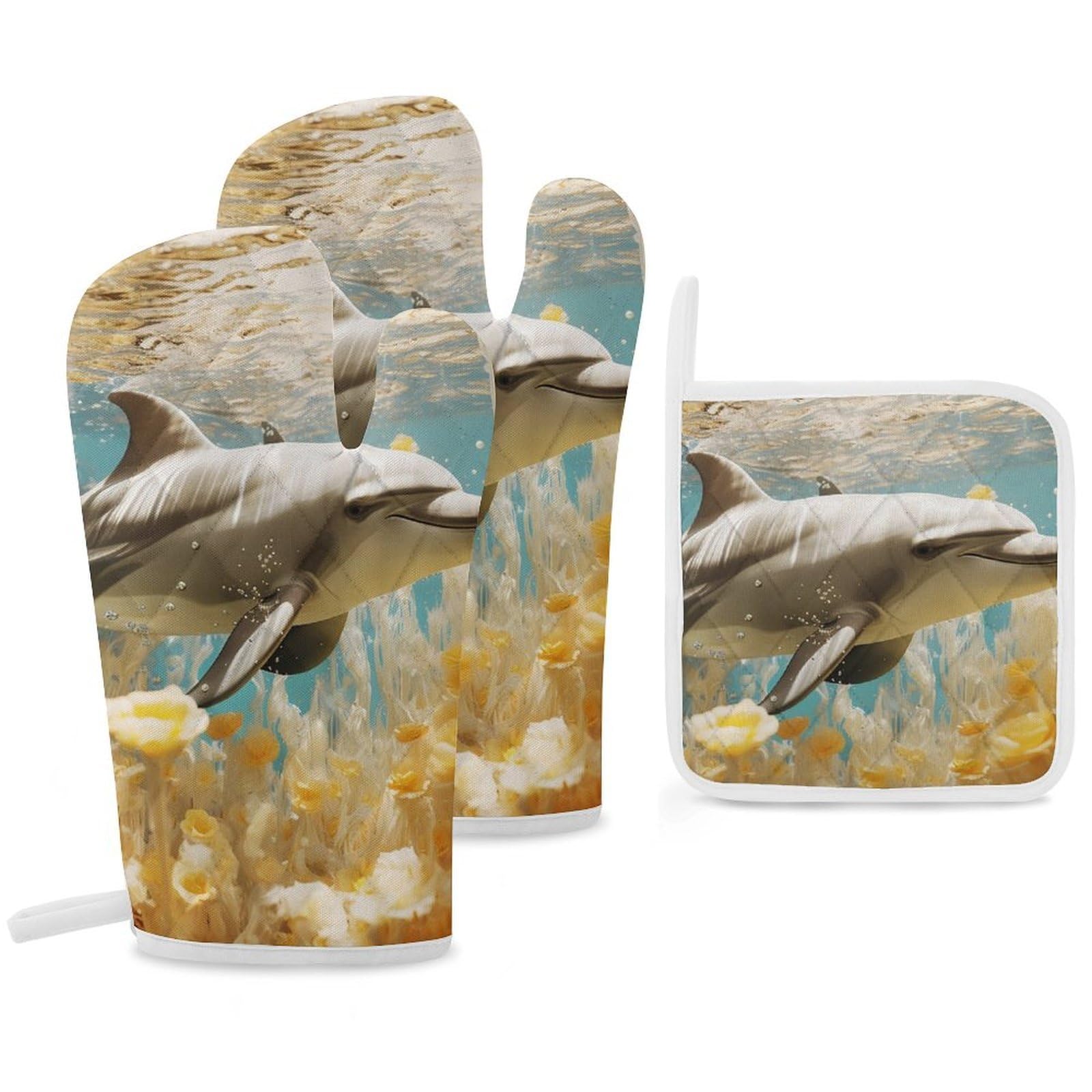 Oven Mitts And Pot Holders Sets of 3 Heat Resistant BBQ Gloves Deep Water Dolphin Oven Mitts Gloves Non-Slip Kitchen Mittens Potholders for Cooking Baking Grilling BBQ Microwave