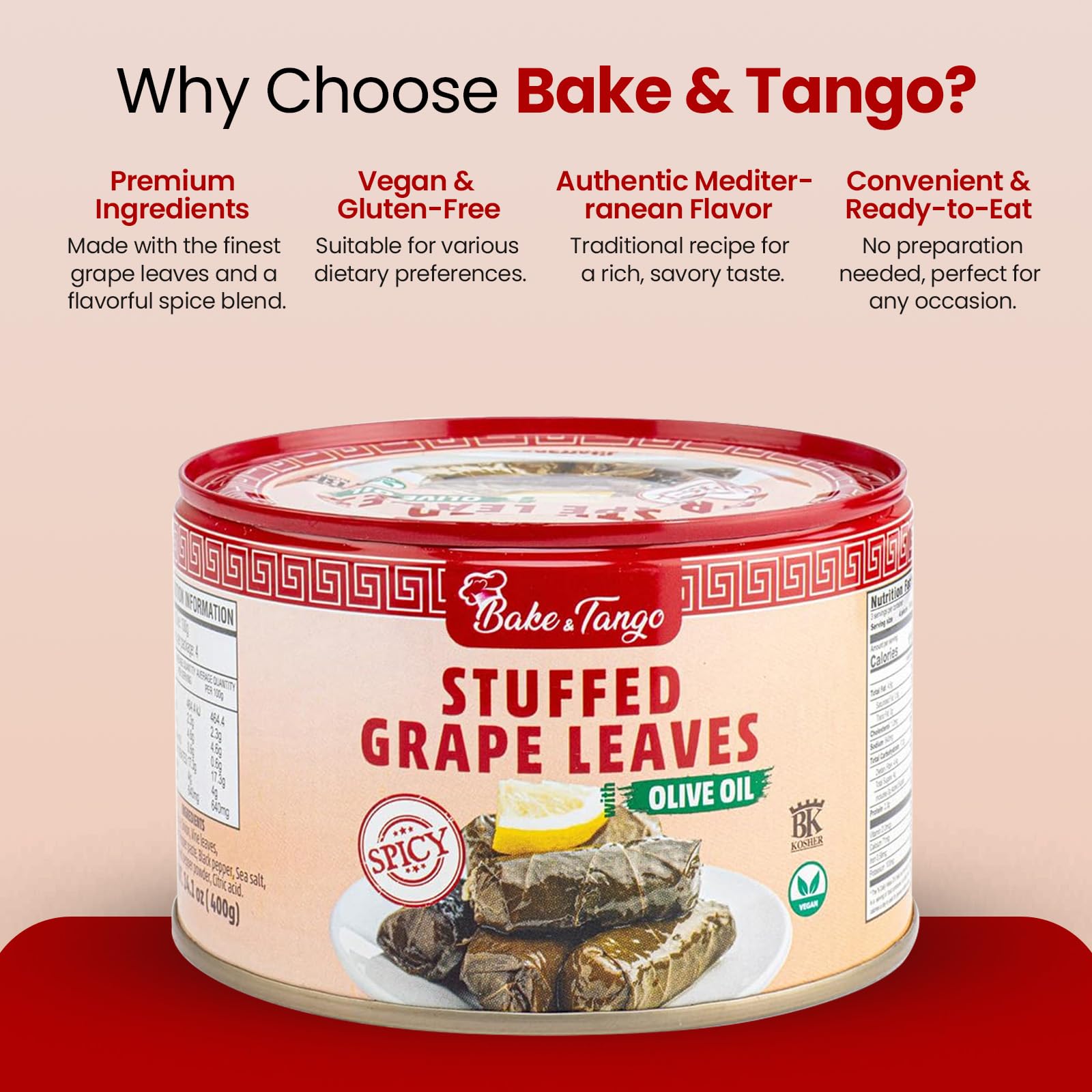 Bake and Tango Spicy Stuffed Grape Leaves with Olive Oil, 14 oz | Authentic Mediterranean Recipe, Premium Quality, Ready-to-Eat, Vegan and Gluten-Free Appetizer or Snack
