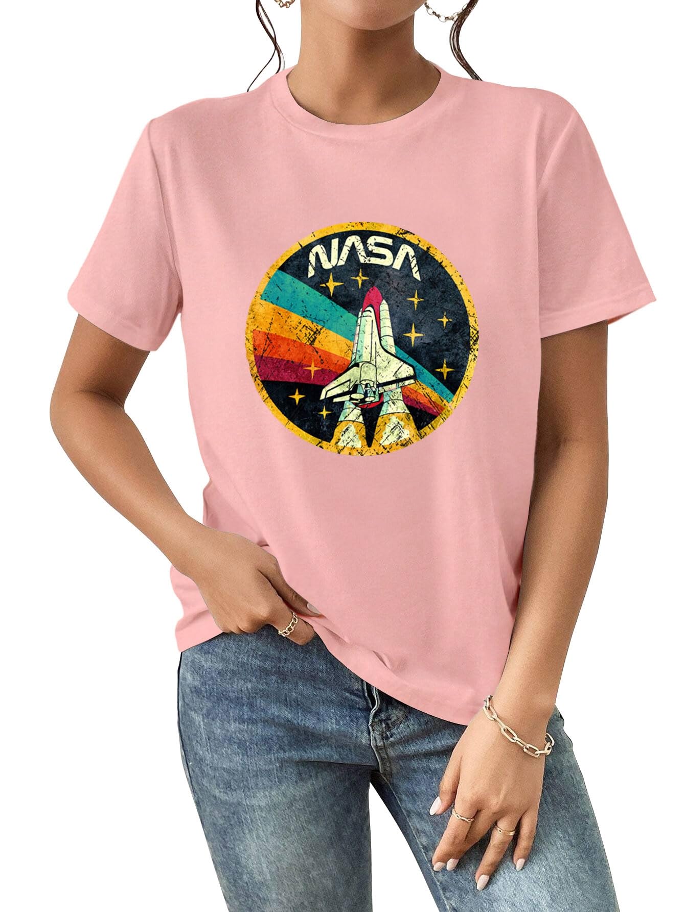 Nicetage Women Vintage Space Shuttle Graphic T-Shirt NASA Letter Print Shirt Casual Tee Tops
