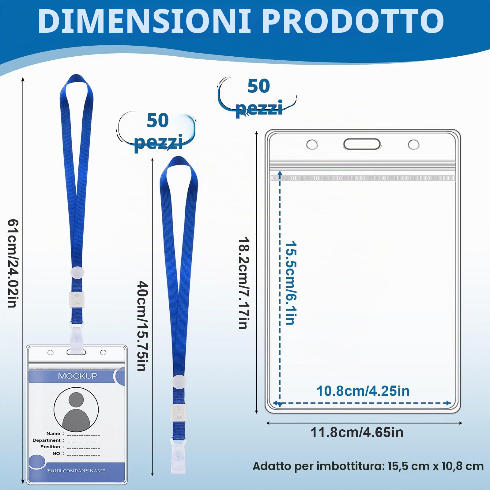 50 Pezzi Porta Badge A6, 11 x 16 cm, Impermeabile Porta Badge in Verticale, Porta-Badges de Collo con Cordino e Fibbia Regolabile, in PVC trasparente, per Dipendenti, Studenti, Esposizioni(Blu)