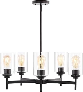 JONATHAN Y 24" Oil Rubbed Bronze 5-Light Iron Chandelier, Farmhouse Industrial Cylinder Glass Pendant for Kitchen Island Dining Room, Rustic Modern, LED Bulbs Included JYL9546A