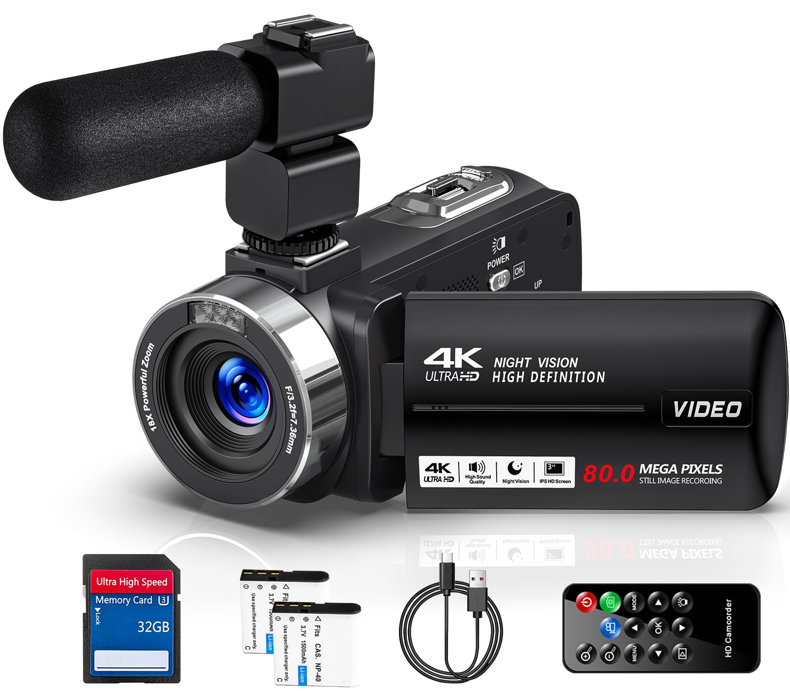 Videokamera 4K 30FPS Camcorder 80MP 18X Digitalzoom IR Nachtsicht Vlogging Kamera 3,0 Zoll IPS-Bildschirm mit 32GB SD-Karte
